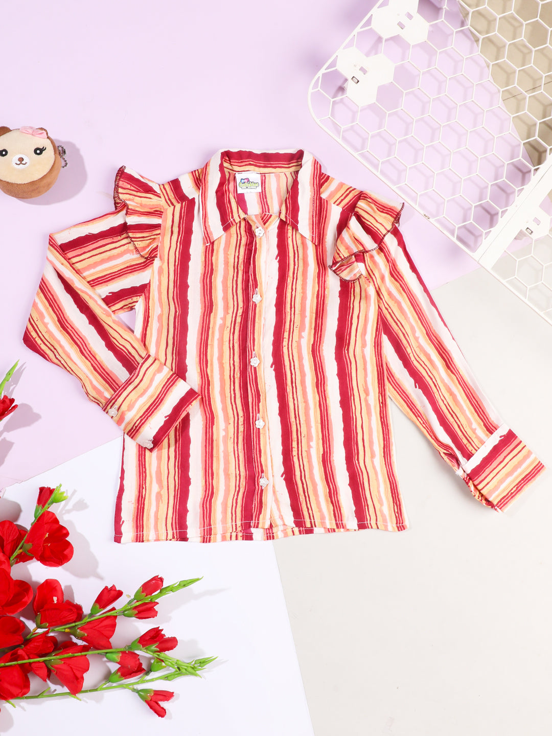 Cutiekins Girls Striped Cuffed Sleeves Shirt Style Casual Top -Maroon & Off White