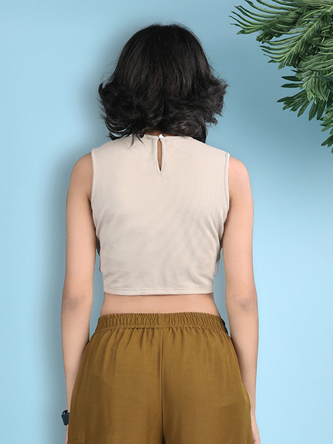 Cutiekins Girls Solid Embellished Stylish Crop Top -Beige