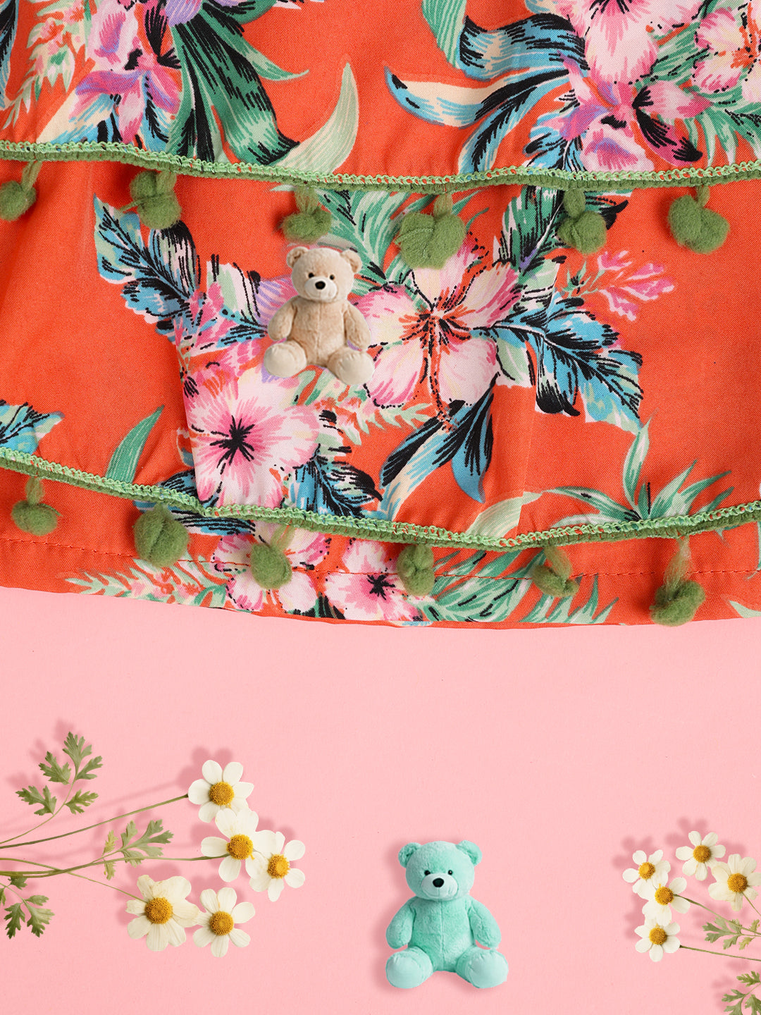 Cutiekins Girls Floral Print Embellished Top -Coral & Green