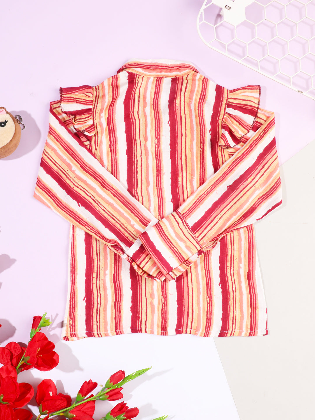 Cutiekins Girls Striped Cuffed Sleeves Shirt Style Casual Top -Maroon & Off White