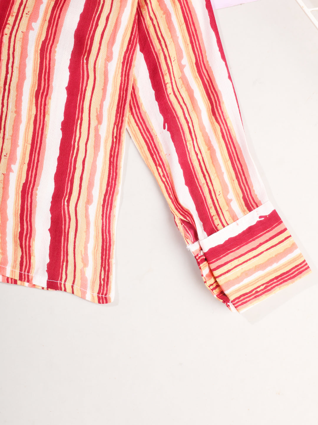Cutiekins Girls Striped Cuffed Sleeves Shirt Style Casual Top -Maroon & Off White