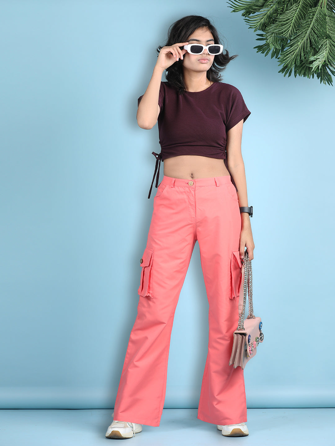 Cutiekins Girls Solid Embellished Top with Solid Cargo -Wine & Coral Pink