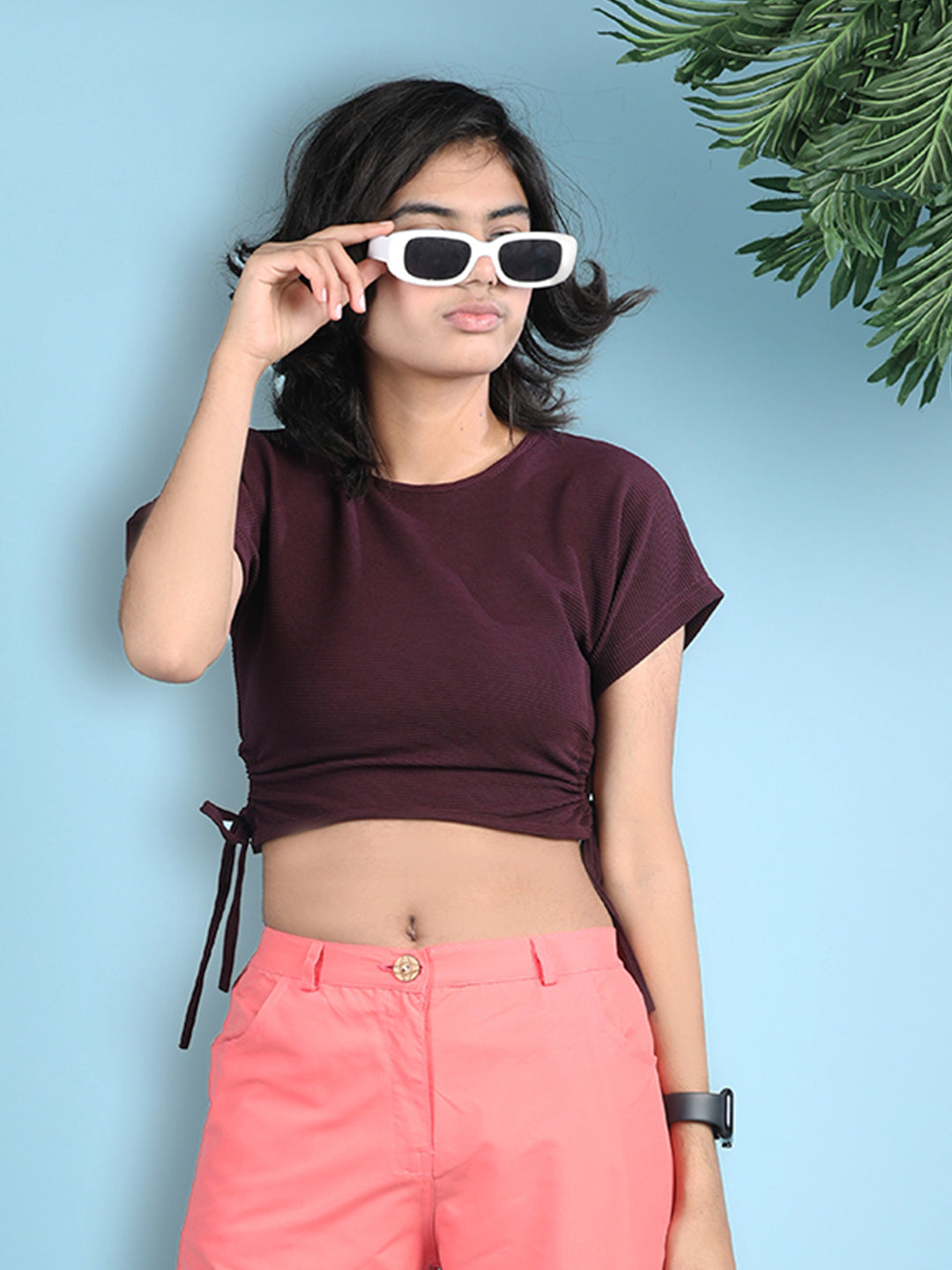 Cutiekins Girls Solid Embellished Stylish Tie-Ups Crop Top -Wine