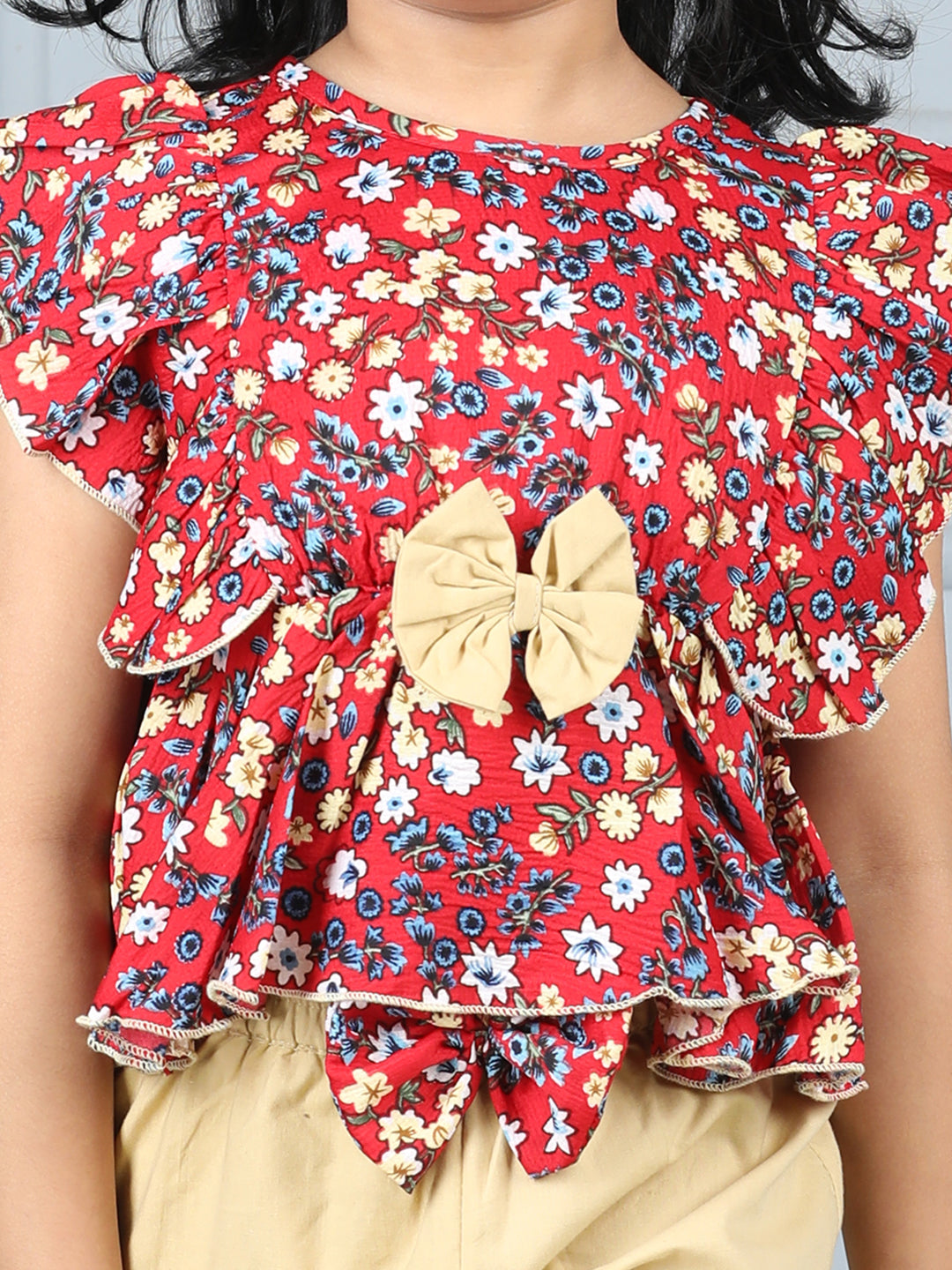 Cutiekins Girls Floral Printed Embellished Top With Solid Shorts -Coral & Wheat