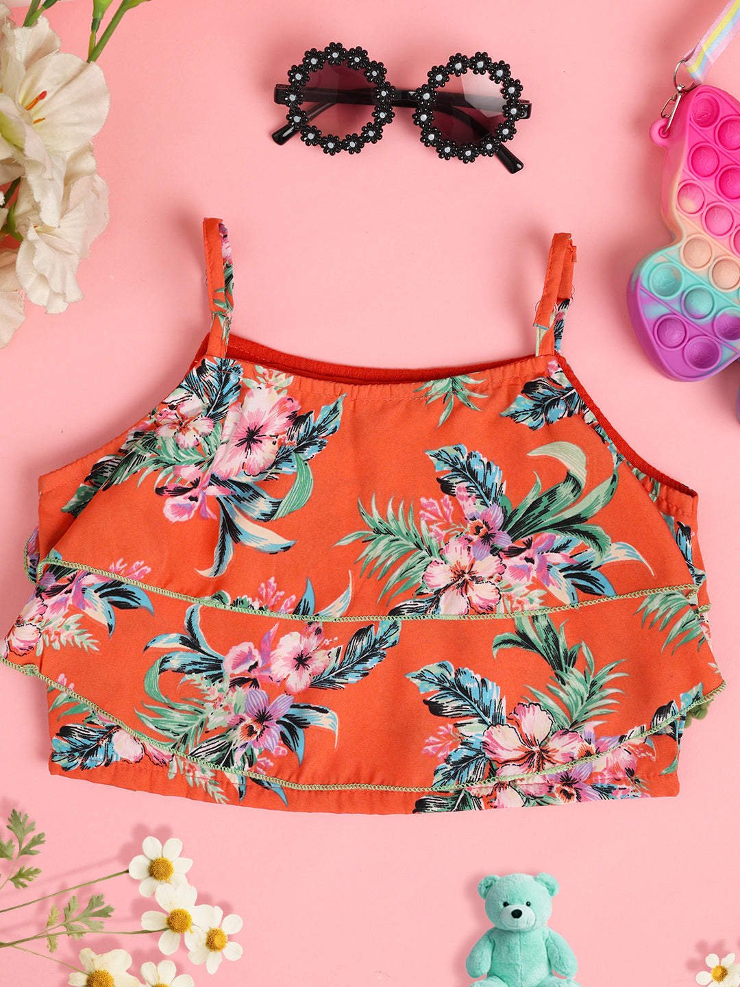 Cutiekins Girls Floral Print Embellished Top -Coral & Green