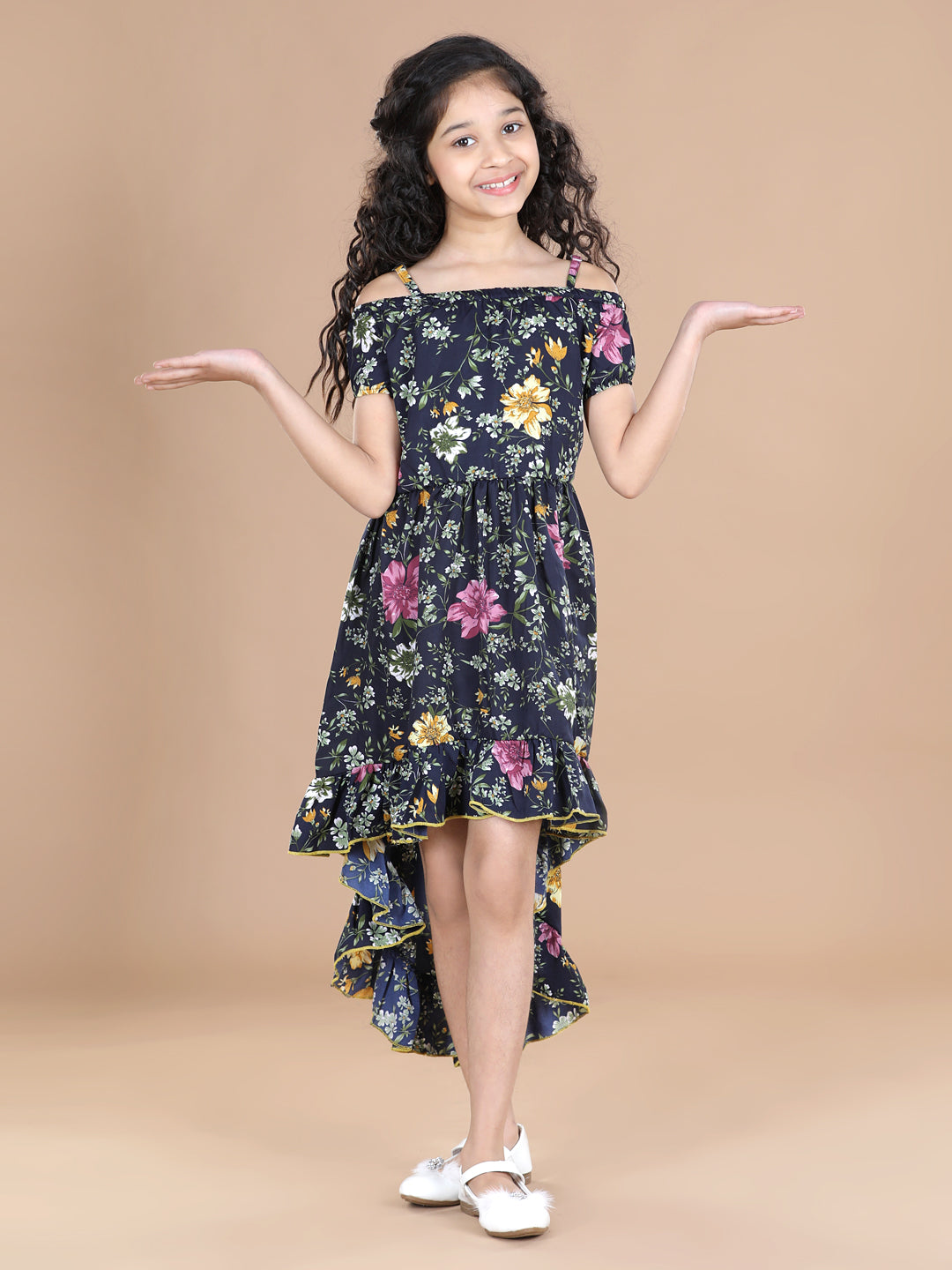 Cutiekins Girls Floral Off-Shoulder High Low Crepe Dress (Dark Blue)