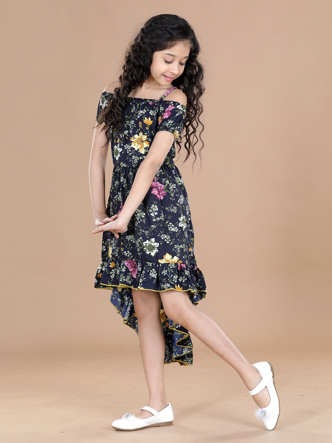 Cutiekins Girls Floral Off-Shoulder High Low Crepe Dress (Dark Blue)