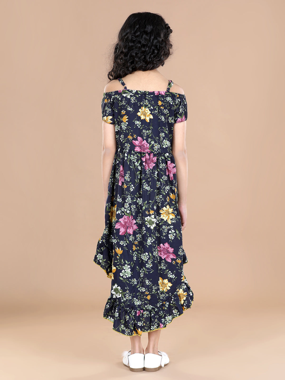 Cutiekins Girls Floral Off-Shoulder High Low Crepe Dress (Dark Blue)