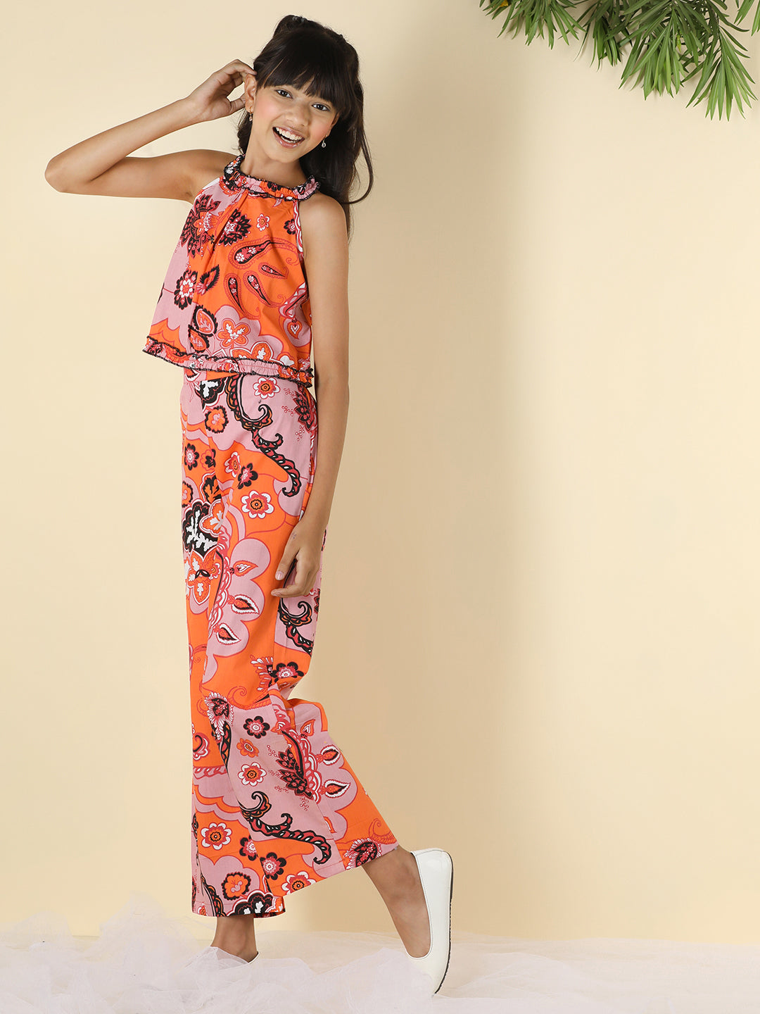 Cutiekins Girls Halter Neck Printed Top & Palazzo Clothing Set -Orange & Pink