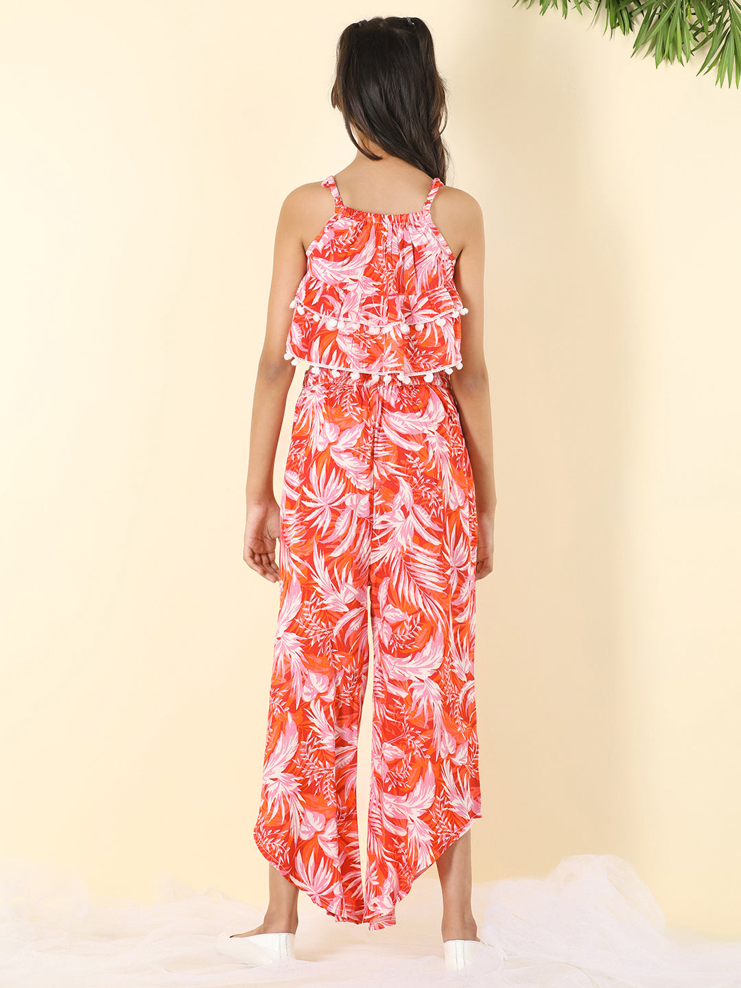 Cutiekins Girls Shoulder Strap Printed Top & Palazzo Clothing Set -Orange & White