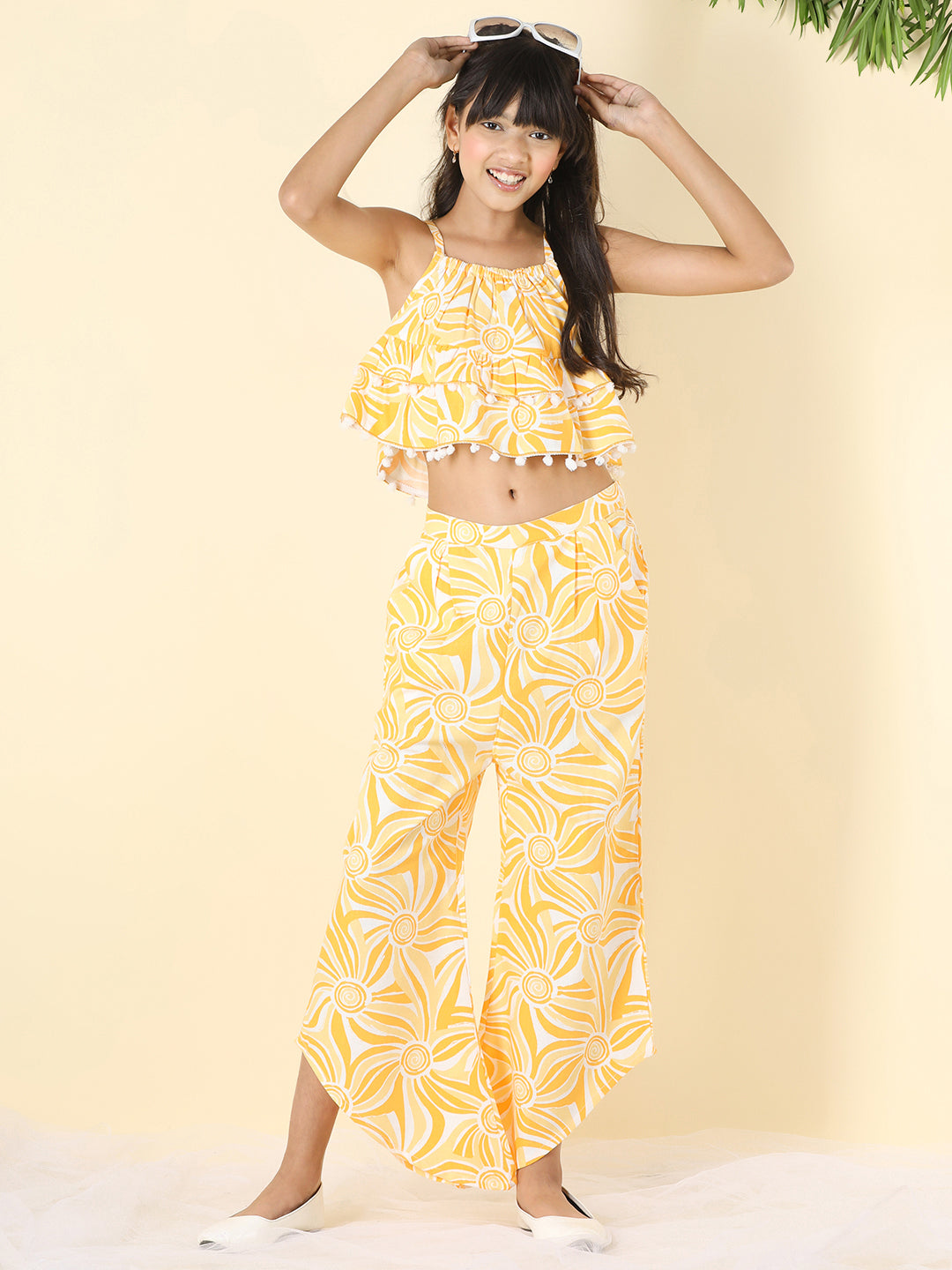 Cutiekins Girls Shoulder Strap Printed Top & Palazzo Clothing Set -White & Mustard