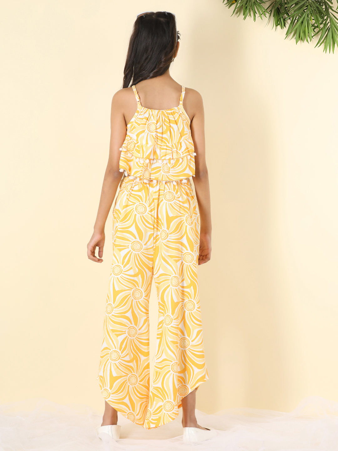 Cutiekins Girls Shoulder Strap Printed Top & Palazzo Clothing Set -White & Mustard
