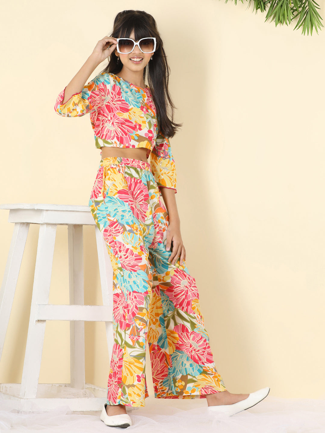 Cutiekins Girls Round Neck Printed Top & Palazzo Clothing Set -Multicolor