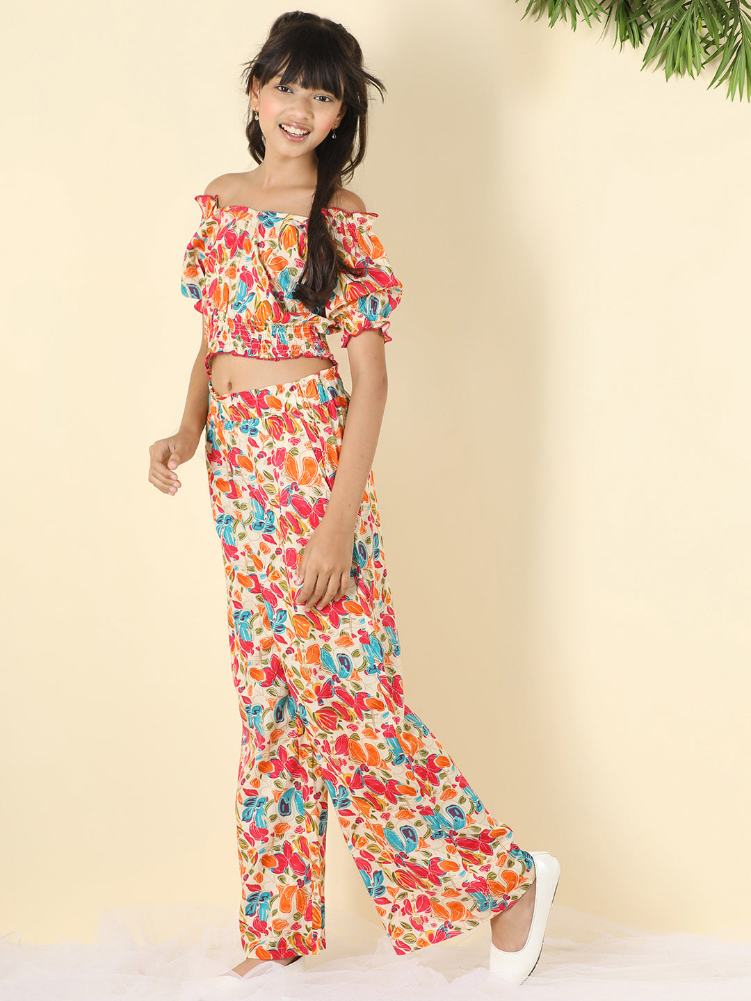 Cutiekins Girls V-Neck Printed Top & Palazzo Clothing Set -Multicolor