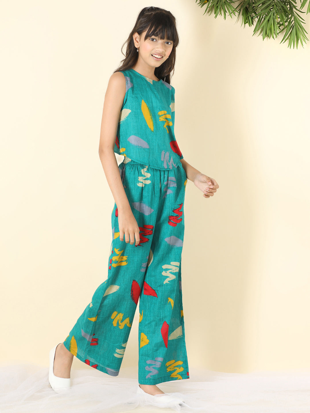 Cutiekins Girls Round Neck Printed Top & Palazzo Clothing Set -Rama Green & Yellow