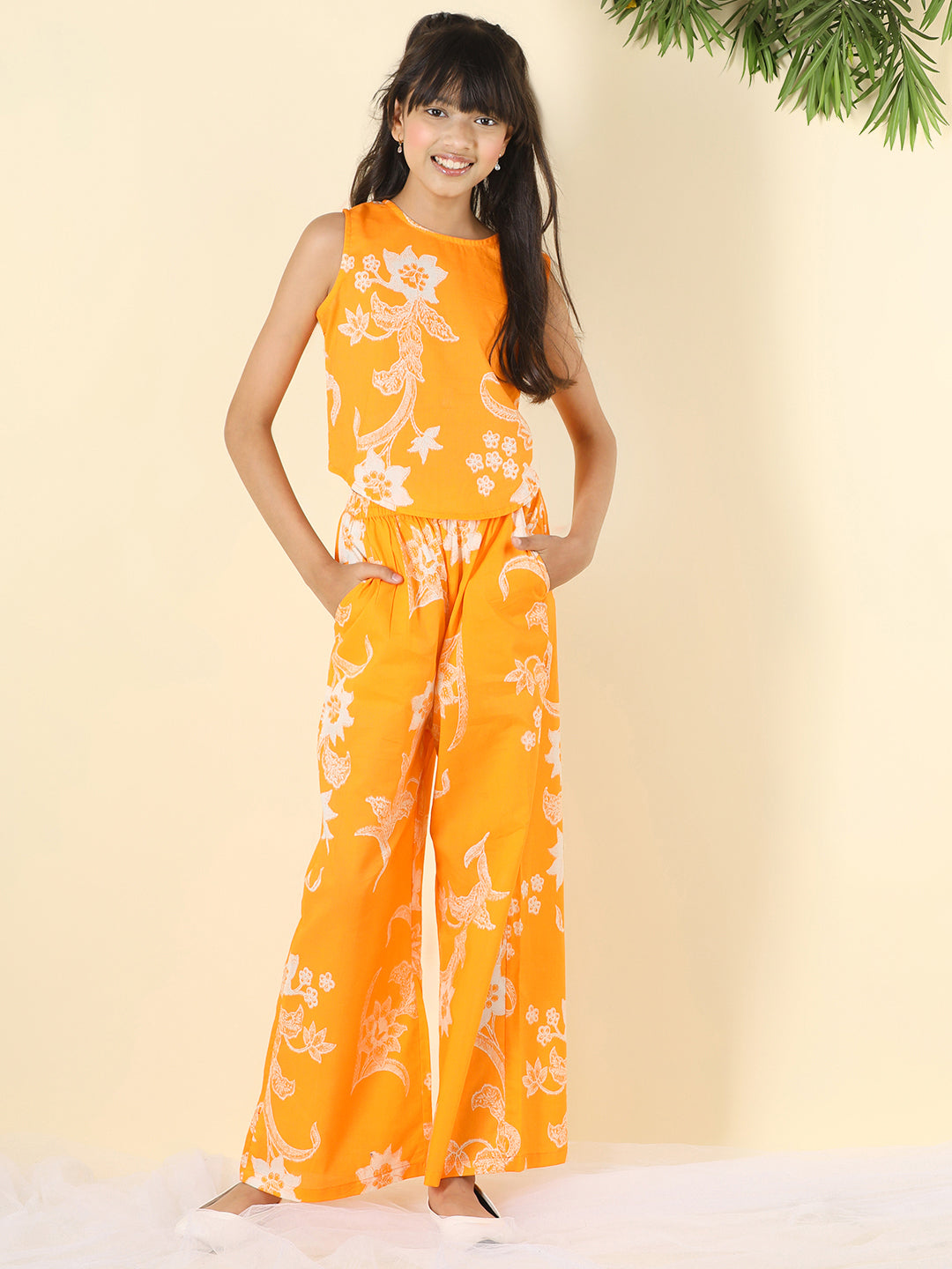 Cutiekins Girls Round Neck Printed Top & Palazzo Clothing Set -Orange & White