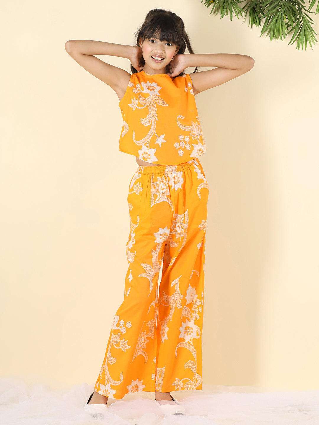 Cutiekins Girls Round Neck Printed Top & Palazzo Clothing Set -Orange & White