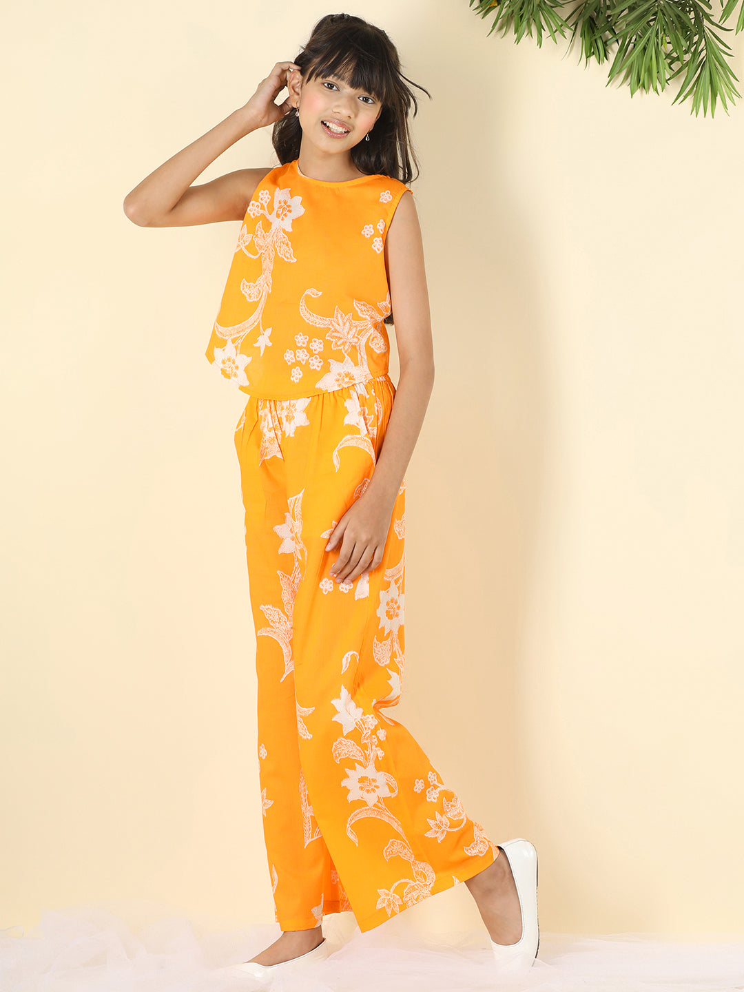 Cutiekins Girls Round Neck Printed Top & Palazzo Clothing Set -Orange & White