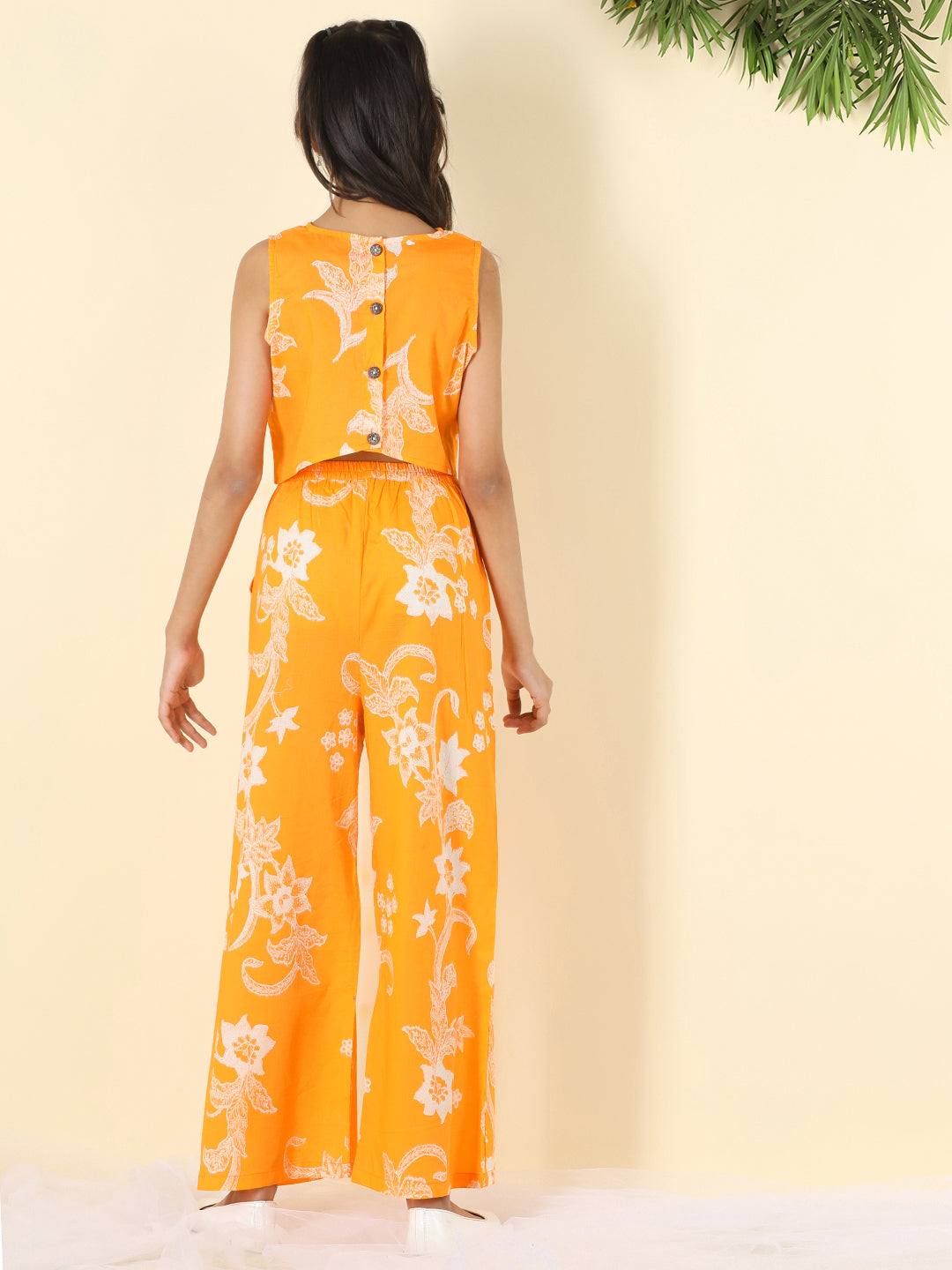 Cutiekins Girls Round Neck Printed Top & Palazzo Clothing Set -Orange & White