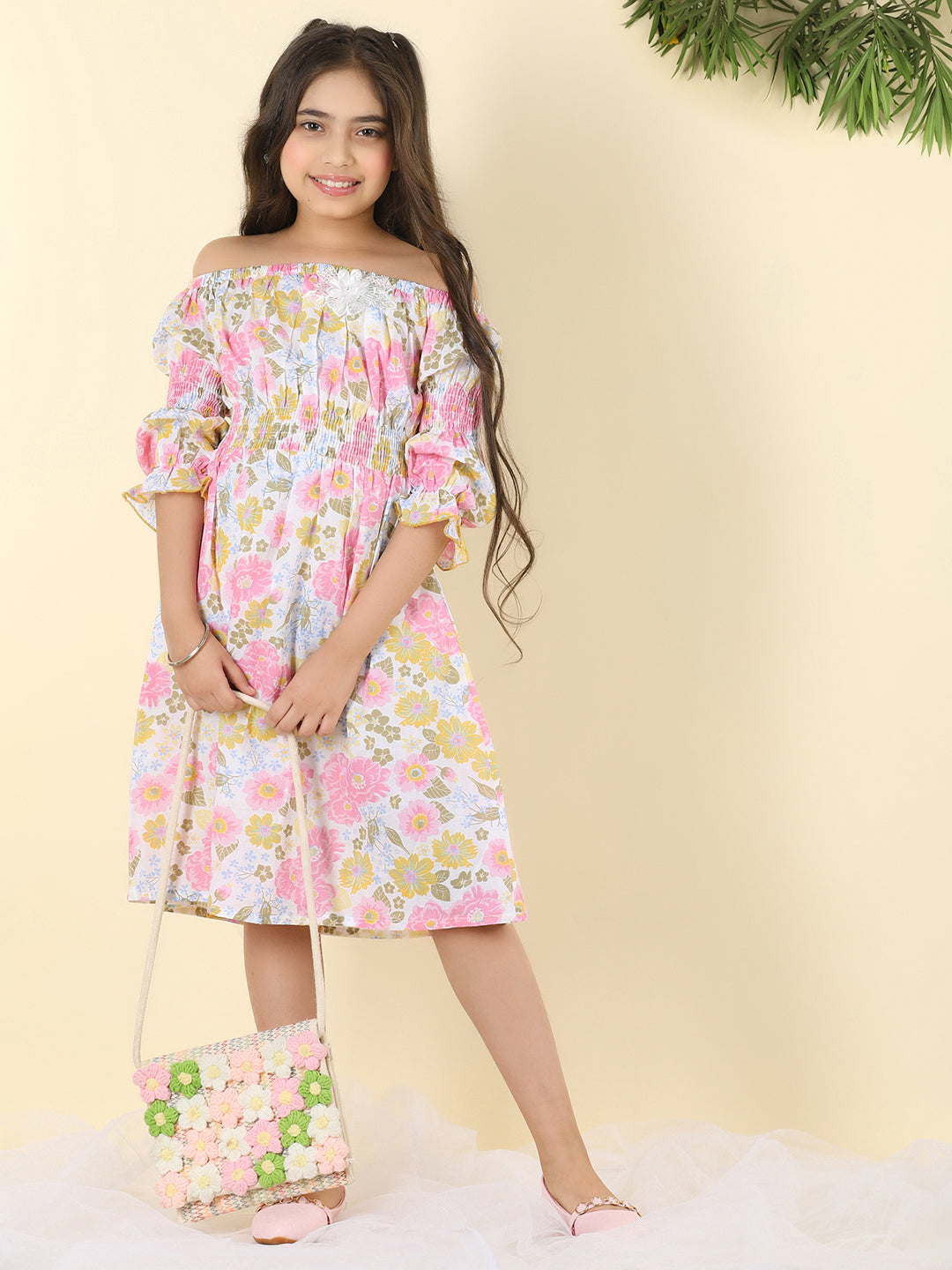 Cutiekins Girls Off Shoulder Floral Print Dress -White & Pink