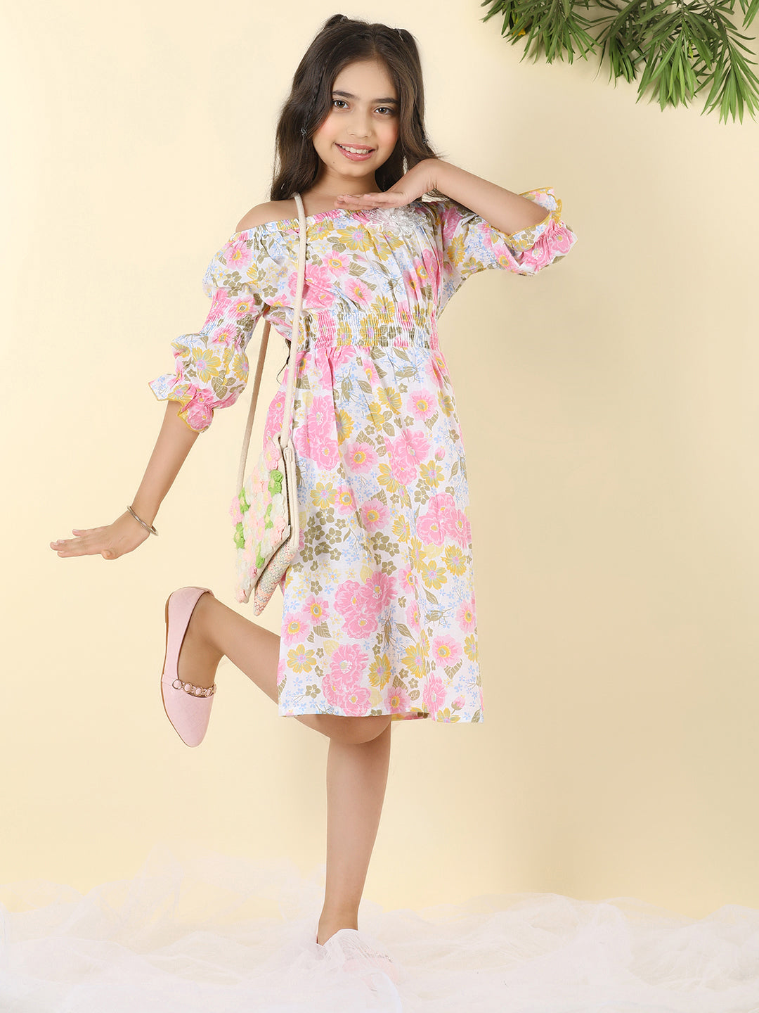 Cutiekins Girls Off Shoulder Floral Print Dress -White & Pink