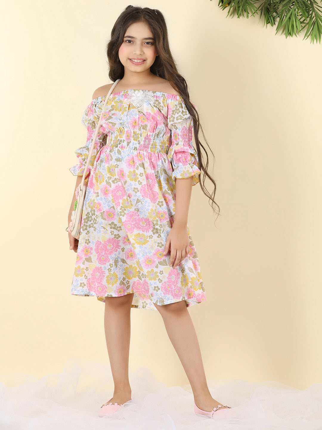 Cutiekins Girls Off Shoulder Floral Print Dress -White & Pink