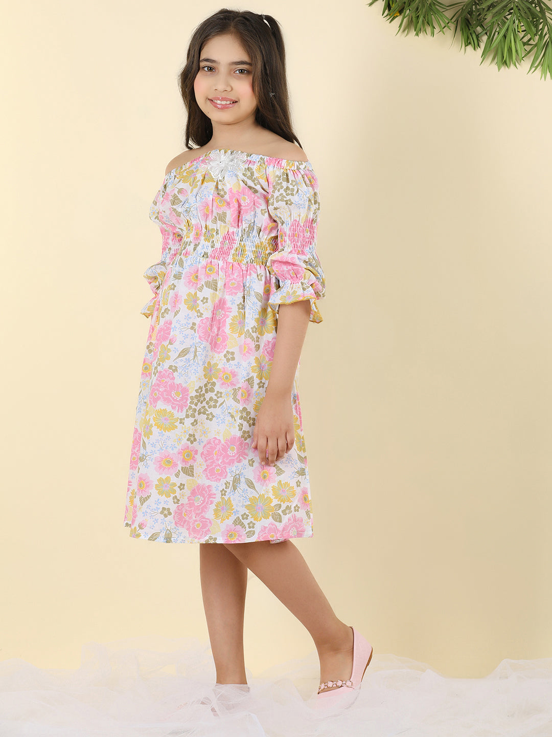 Cutiekins Girls Off Shoulder Floral Print Dress -White & Pink