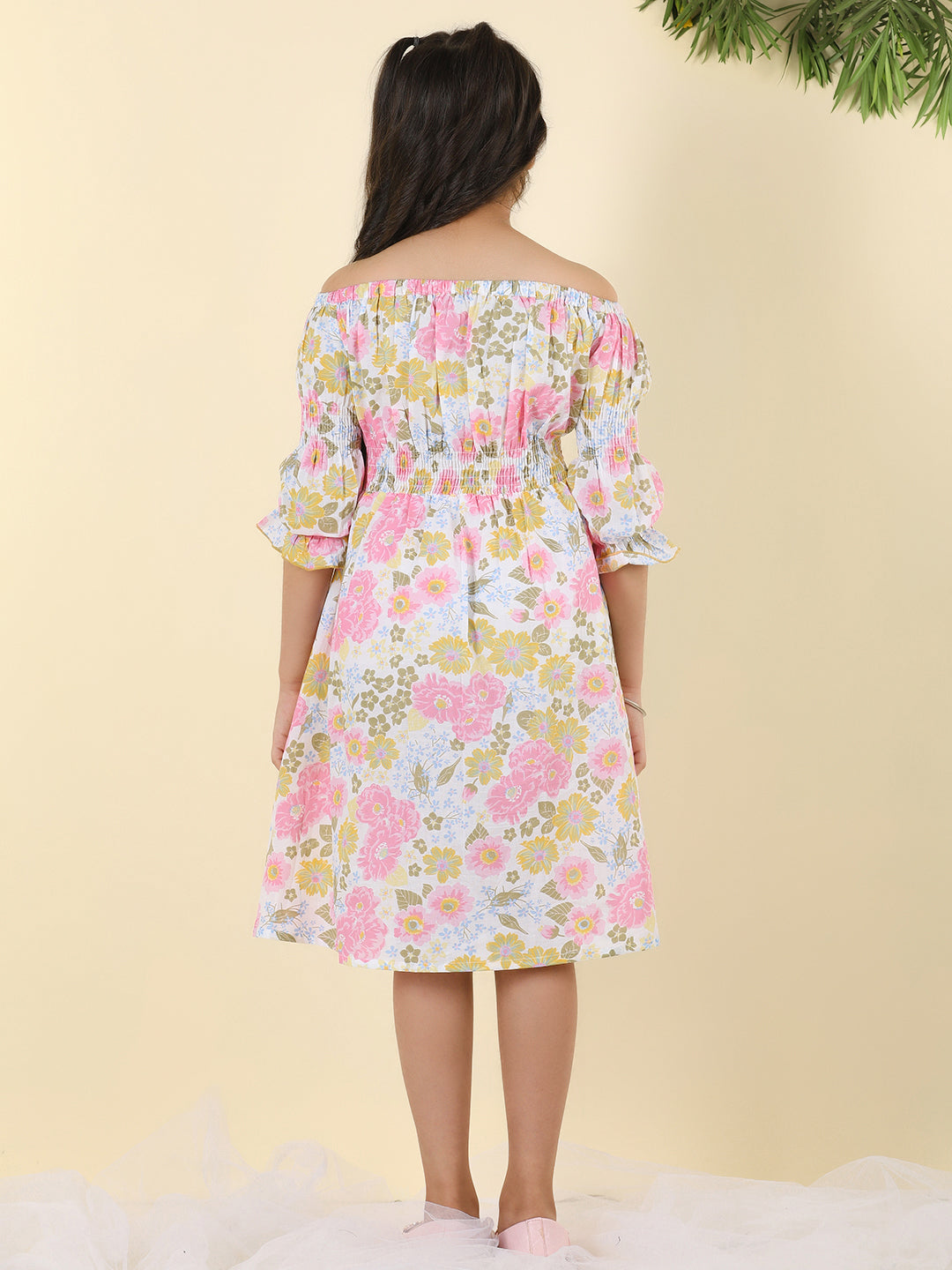 Cutiekins Girls Off Shoulder Floral Print Dress -White & Pink