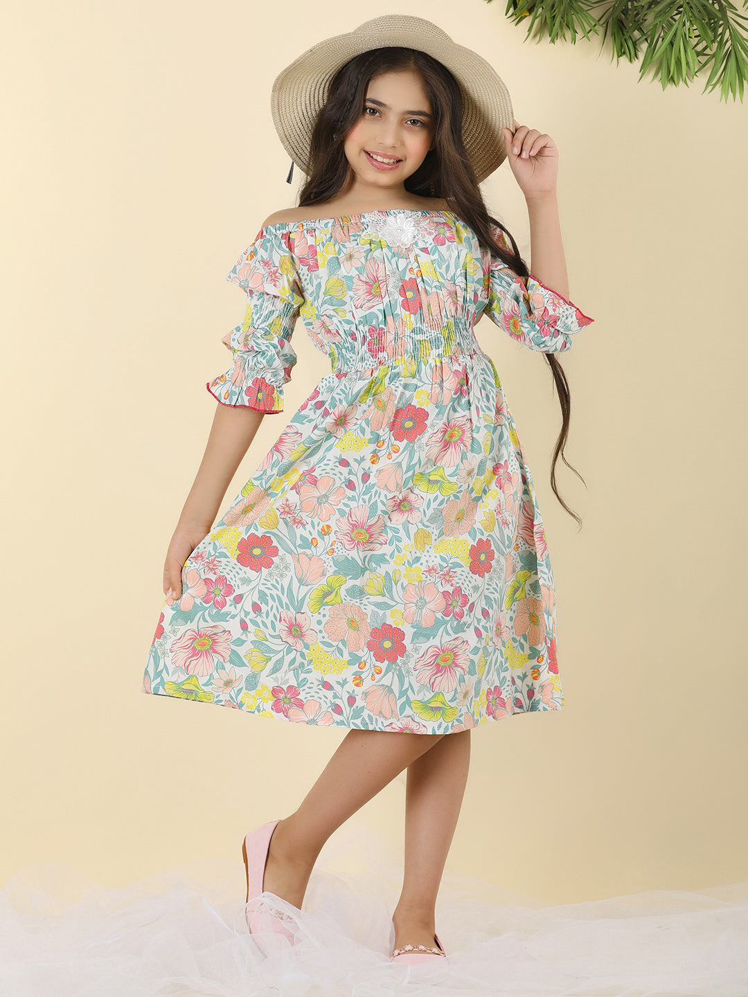 Cutiekins Girls Off Shoulder Floral Print Dress -White & Green