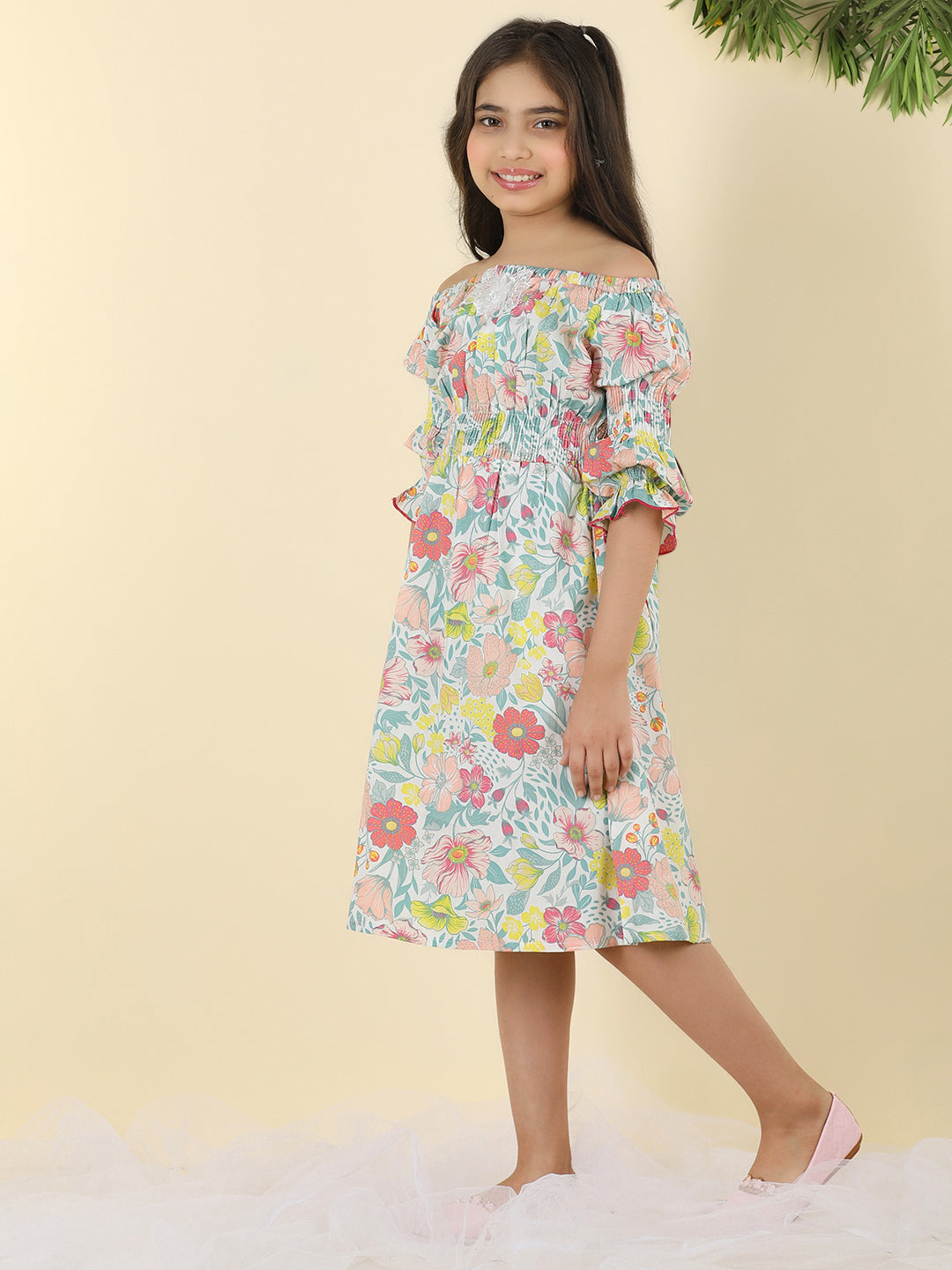 Cutiekins Girls Off Shoulder Floral Print Dress -White & Green
