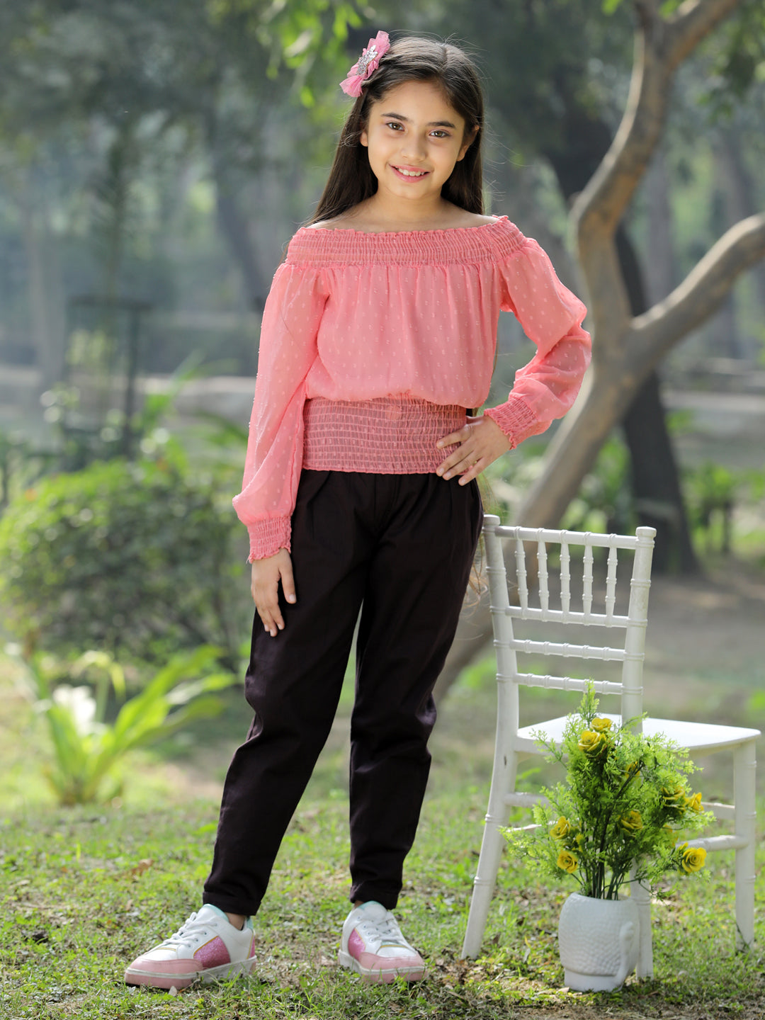 Cutiekins Solid Off Shoulder Georgette Top & Trouser Set -Peach & Brown