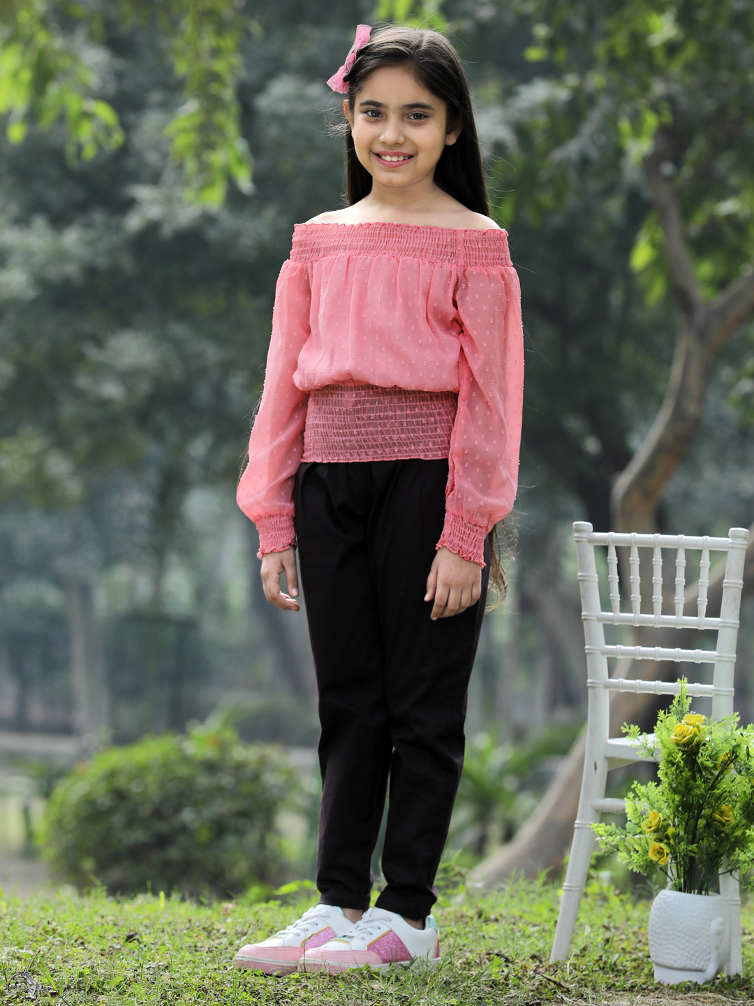 Cutiekins Solid Off Shoulder Georgette Top & Trouser Set -Peach & Brown