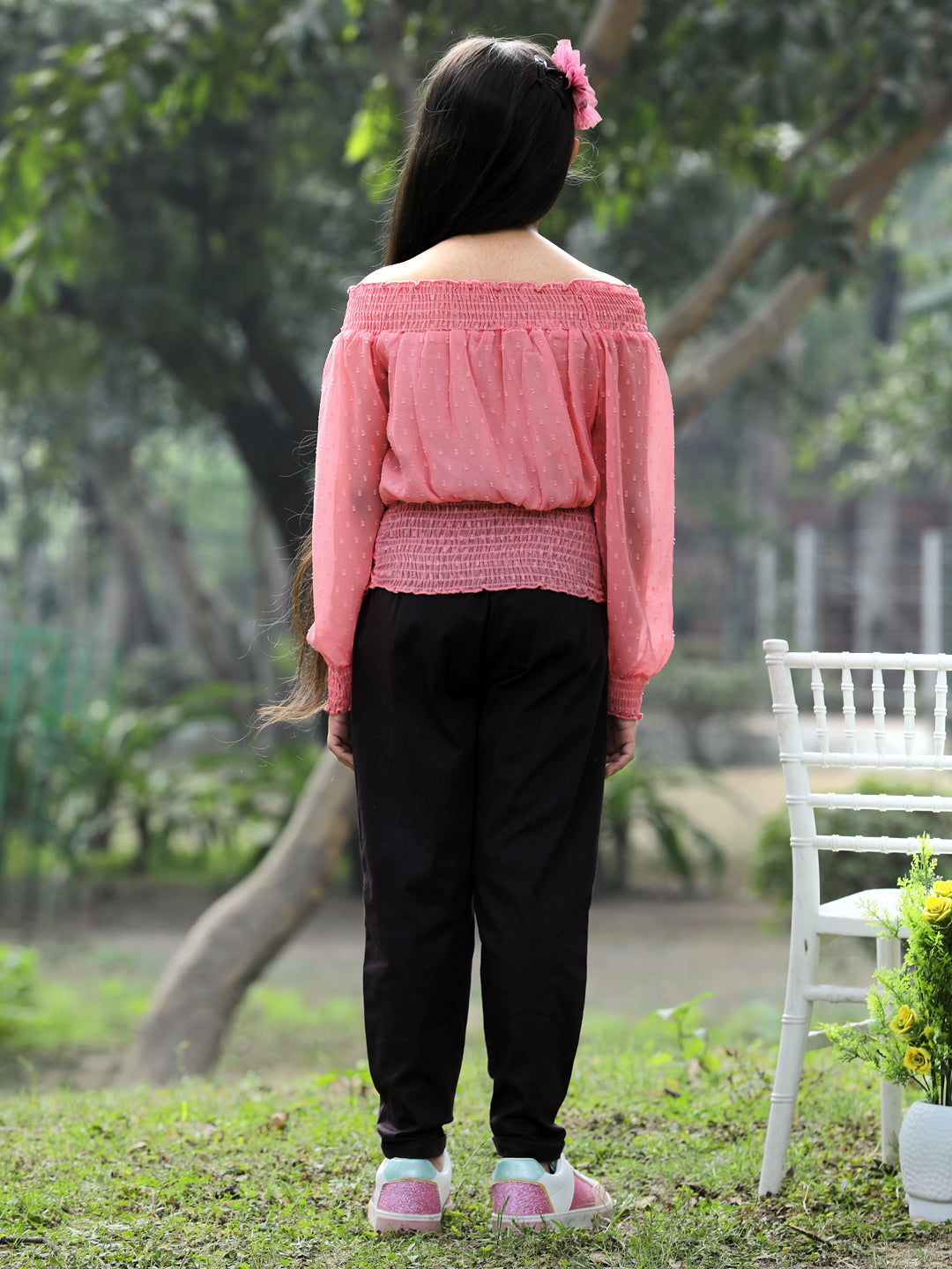 Cutiekins Solid Off Shoulder Georgette Top & Trouser Set -Peach & Brown