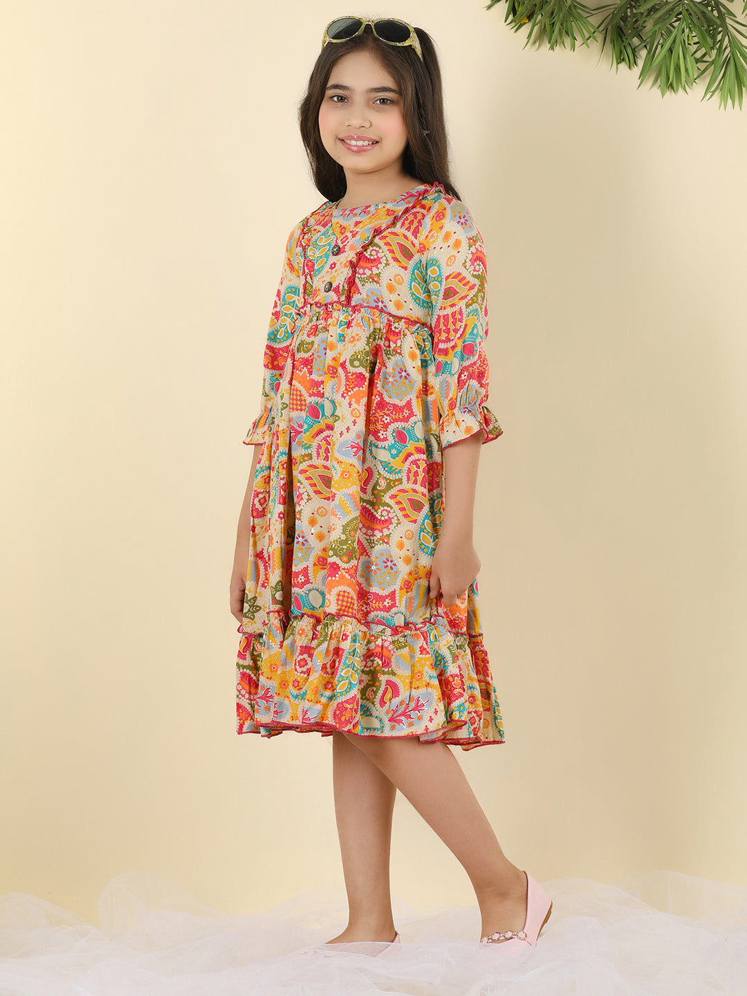 Cutiekins Girls V-Neck Printed Dress -Multicolor