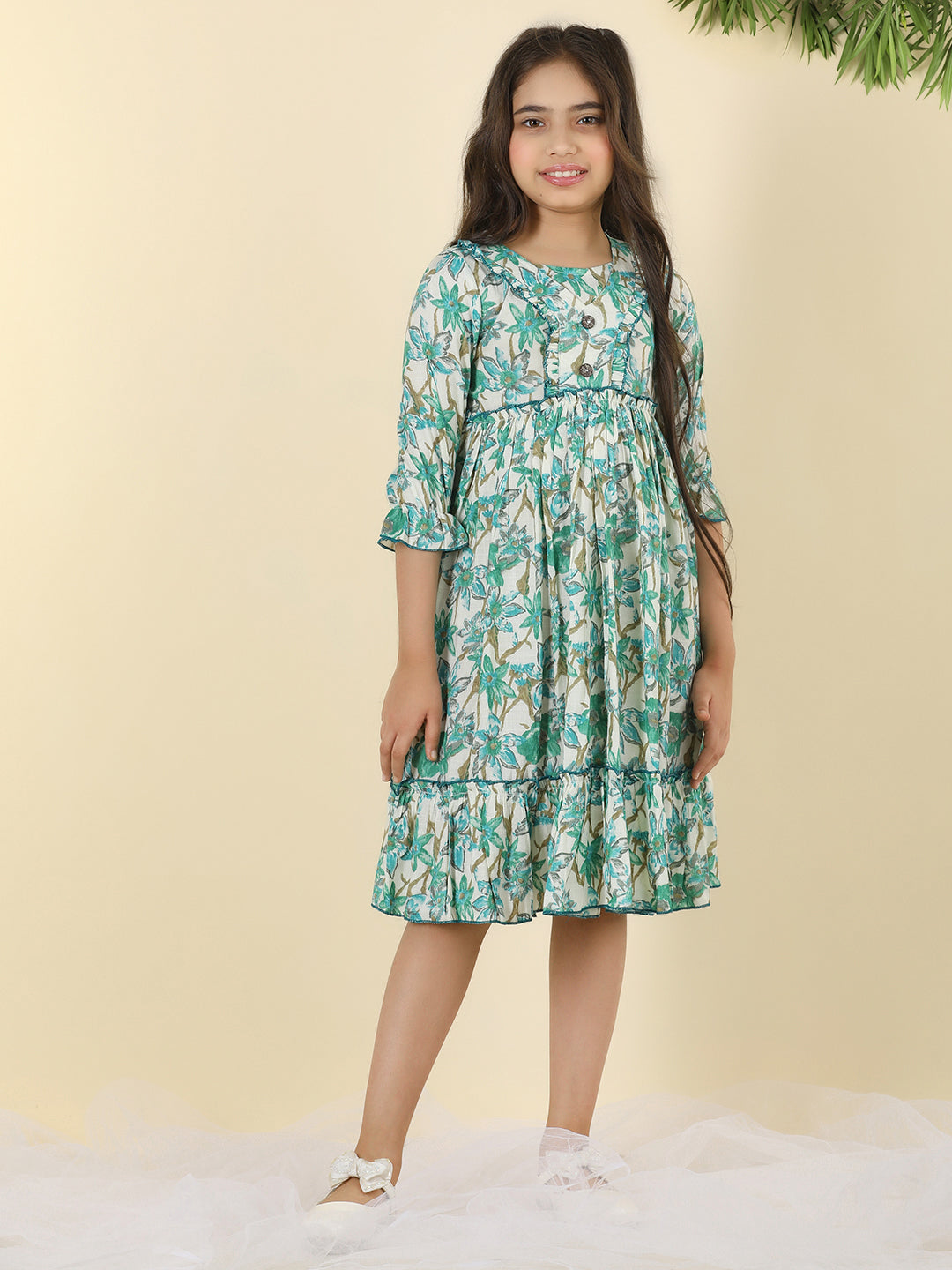 Cutiekins Girls V-Neck Floral Print Dress -Off White & Green