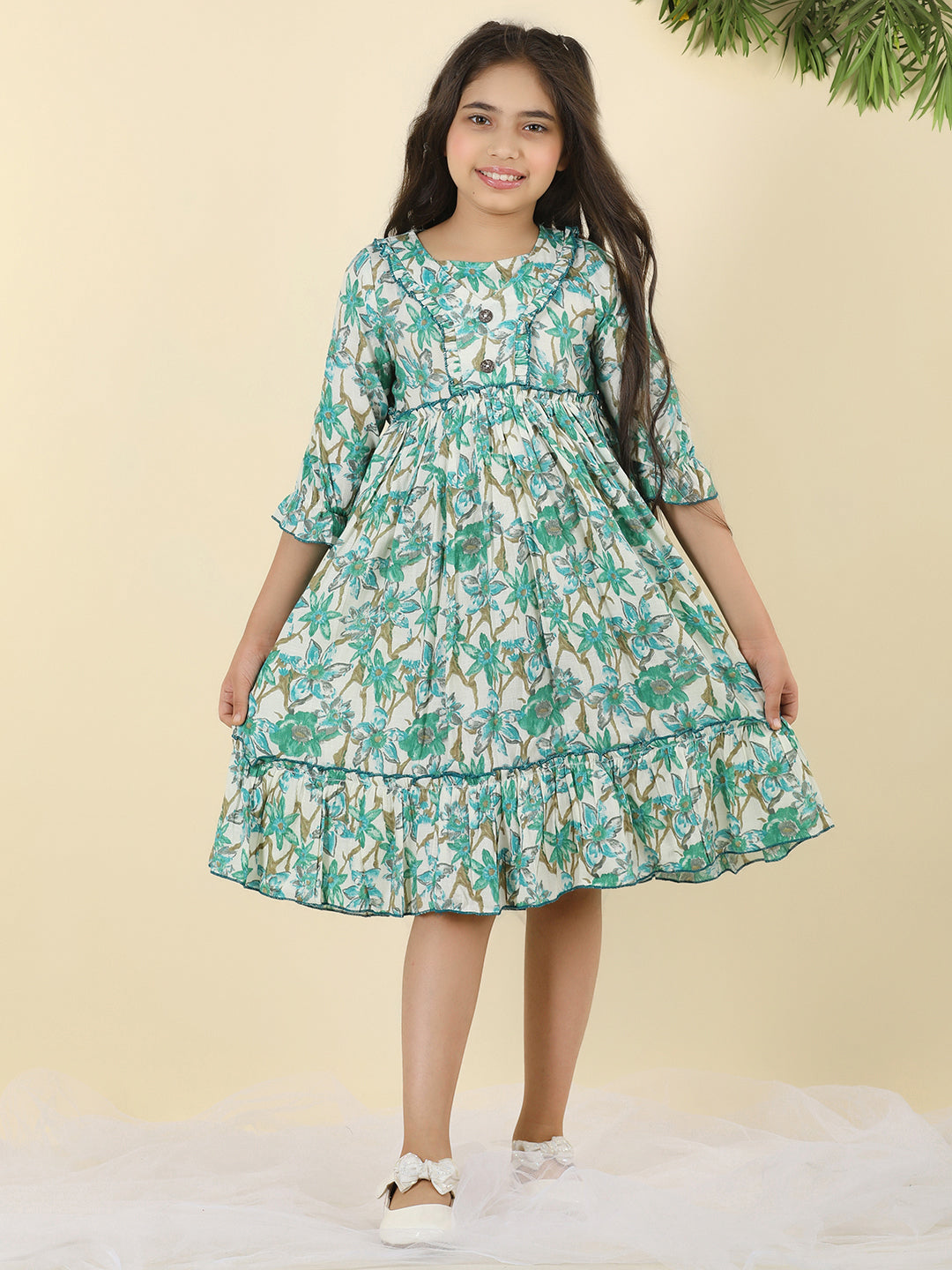 Cutiekins Girls V-Neck Floral Print Dress -Off White & Green