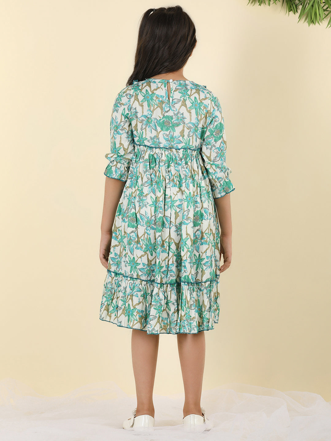 Cutiekins Girls V-Neck Floral Print Dress -Off White & Green