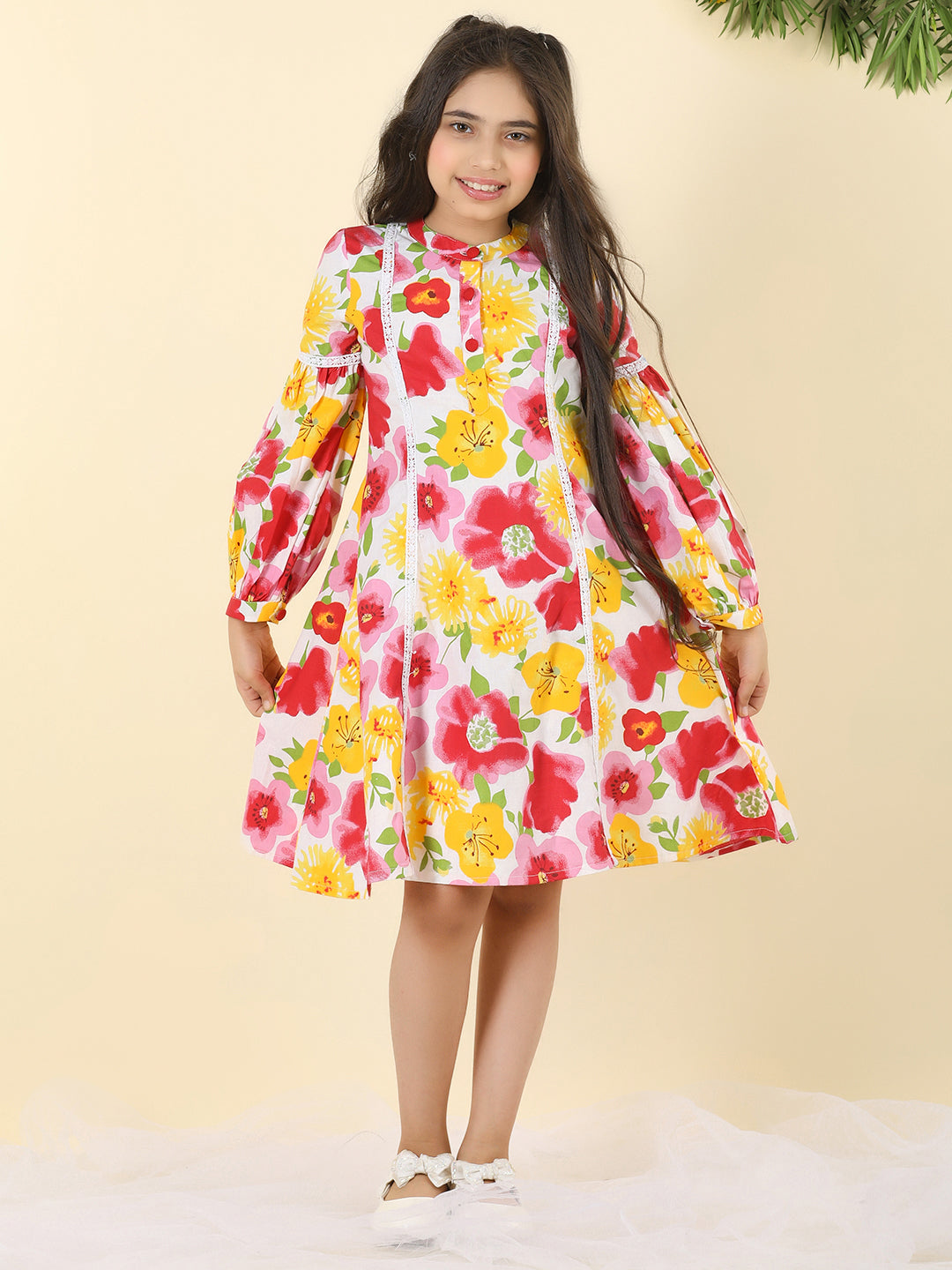 Cutiekins Girls Round Neck Floral Print Dress -White Red