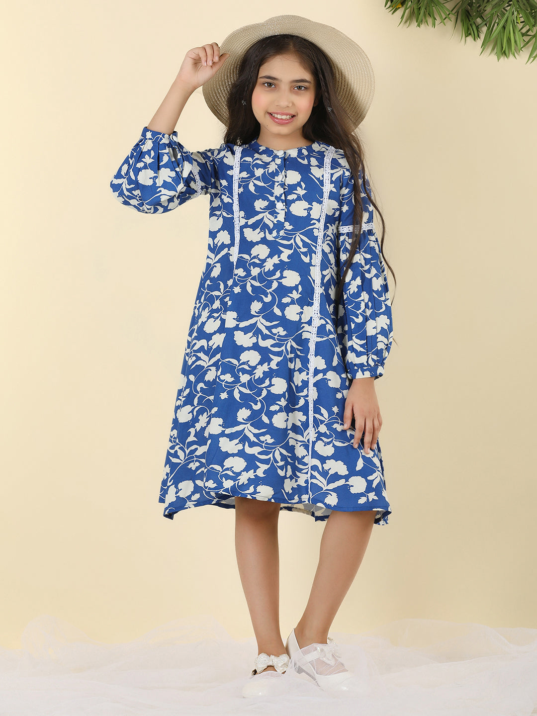 Cutiekins Girls Round Neck Tropical Print Dress -Dark Blue & White