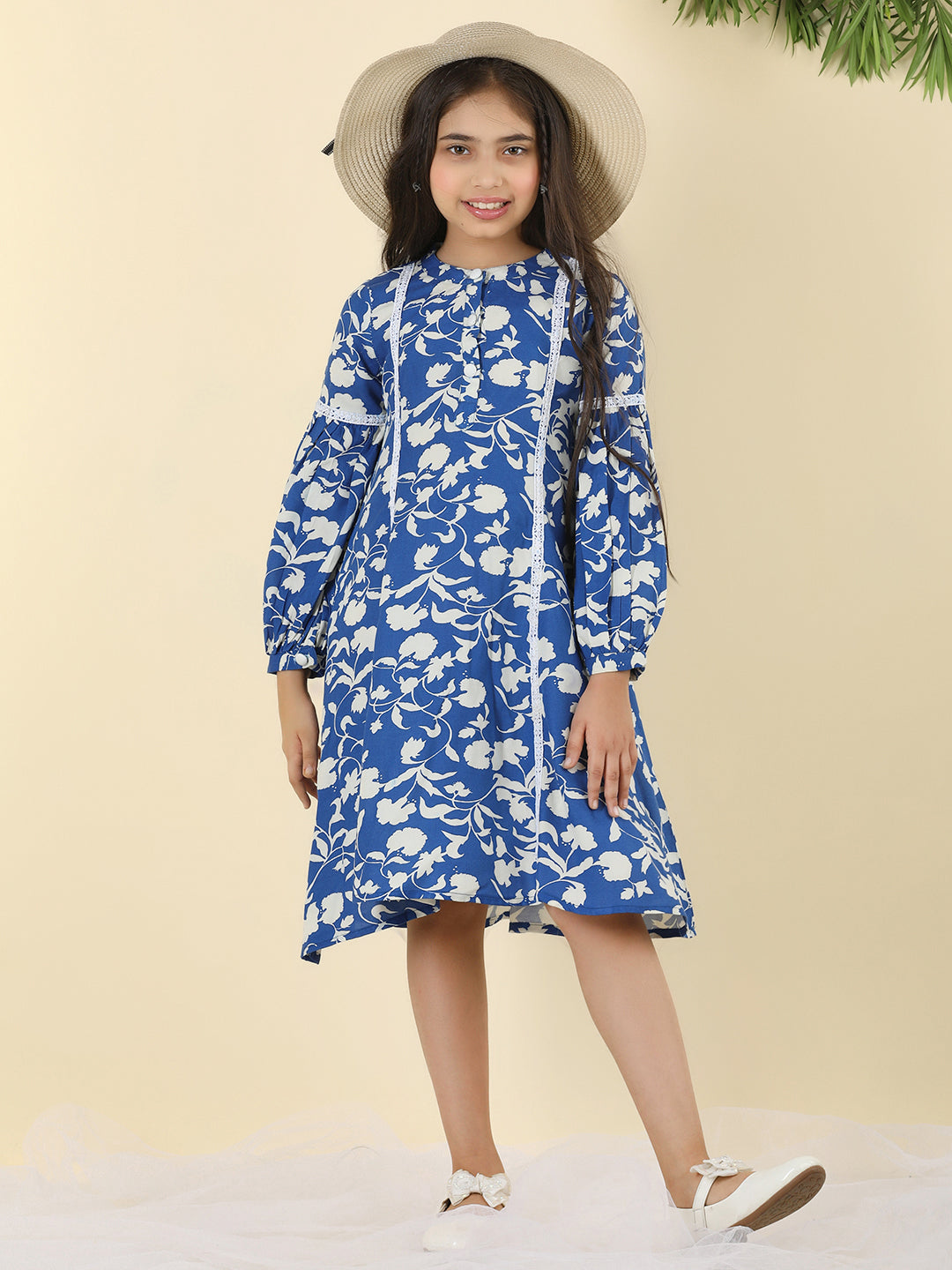 Cutiekins Girls Round Neck Tropical Print Dress -Dark Blue & White