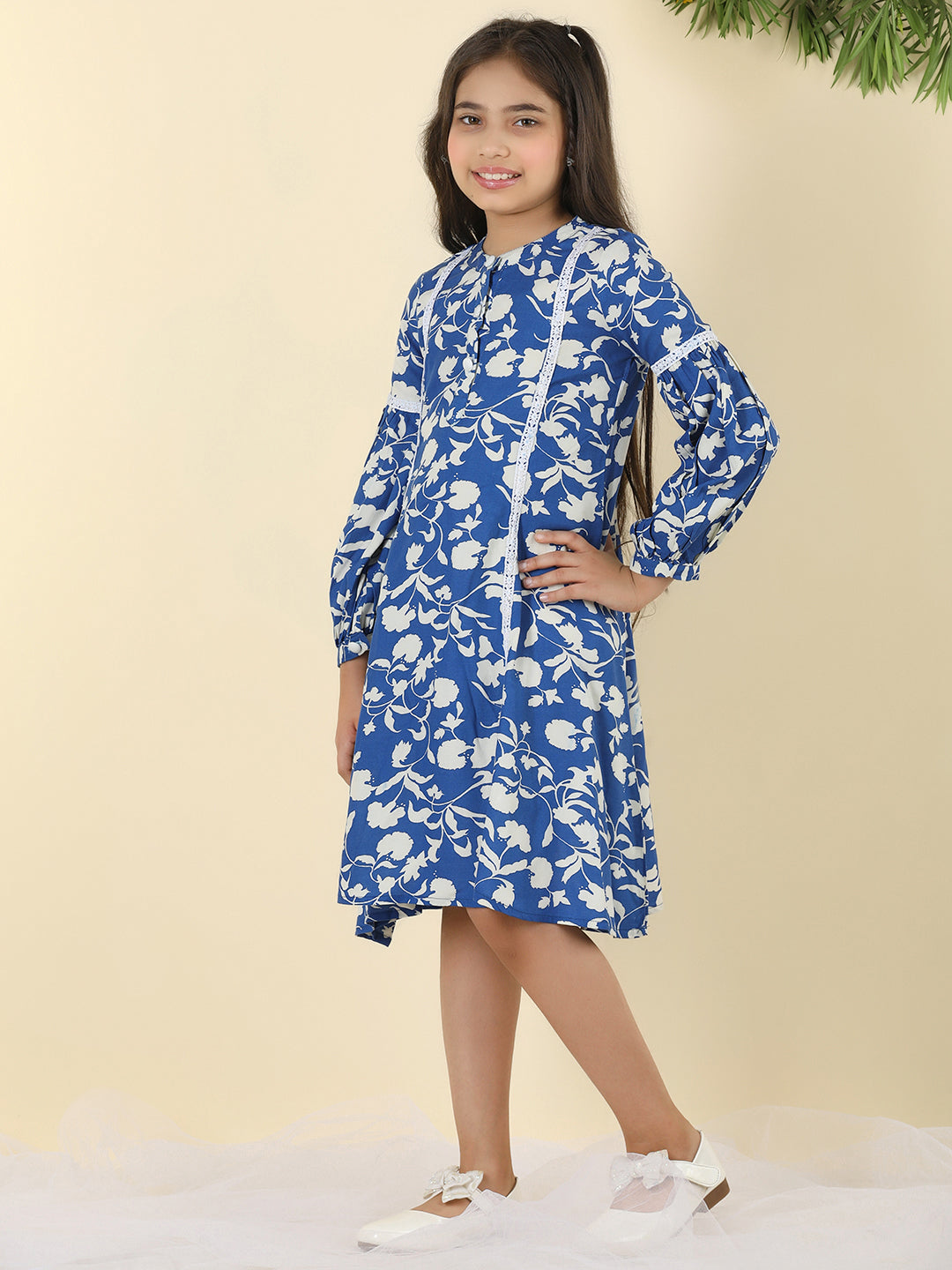 Cutiekins Girls Round Neck Tropical Print Dress -Dark Blue & White