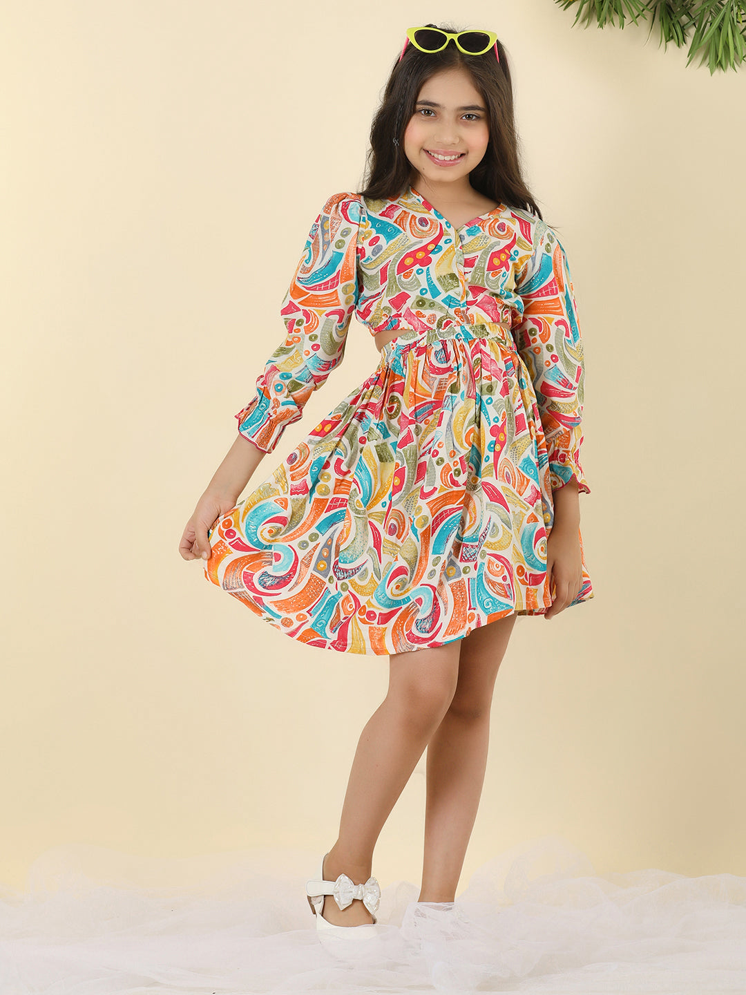 Cutiekins Girls V-Neck Abstract Print Dress -Multicolor
