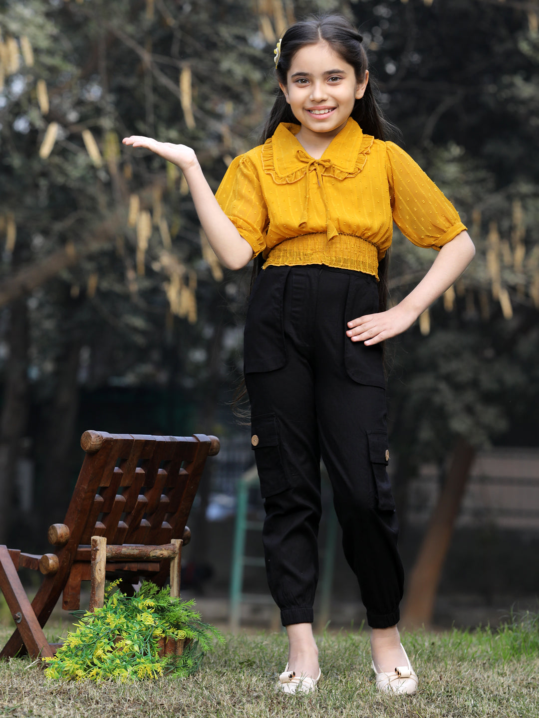 Cutiekins Girls Self Design Short Sleeves Top & Cargo Clothing Set -Mustard & Black