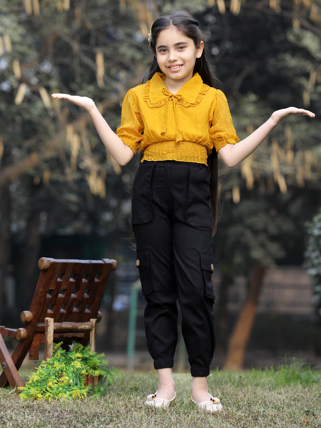 Cutiekins Girls Self Design Short Sleeves Top & Cargo Clothing Set -Mustard & Black