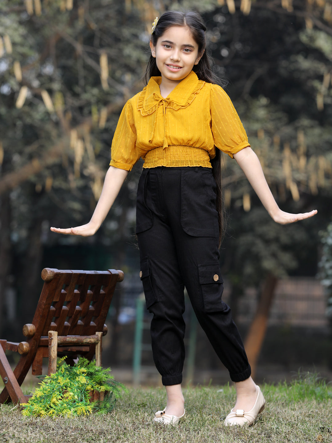 Cutiekins Girls Self Design Short Sleeves Top & Cargo Clothing Set -Mustard & Black