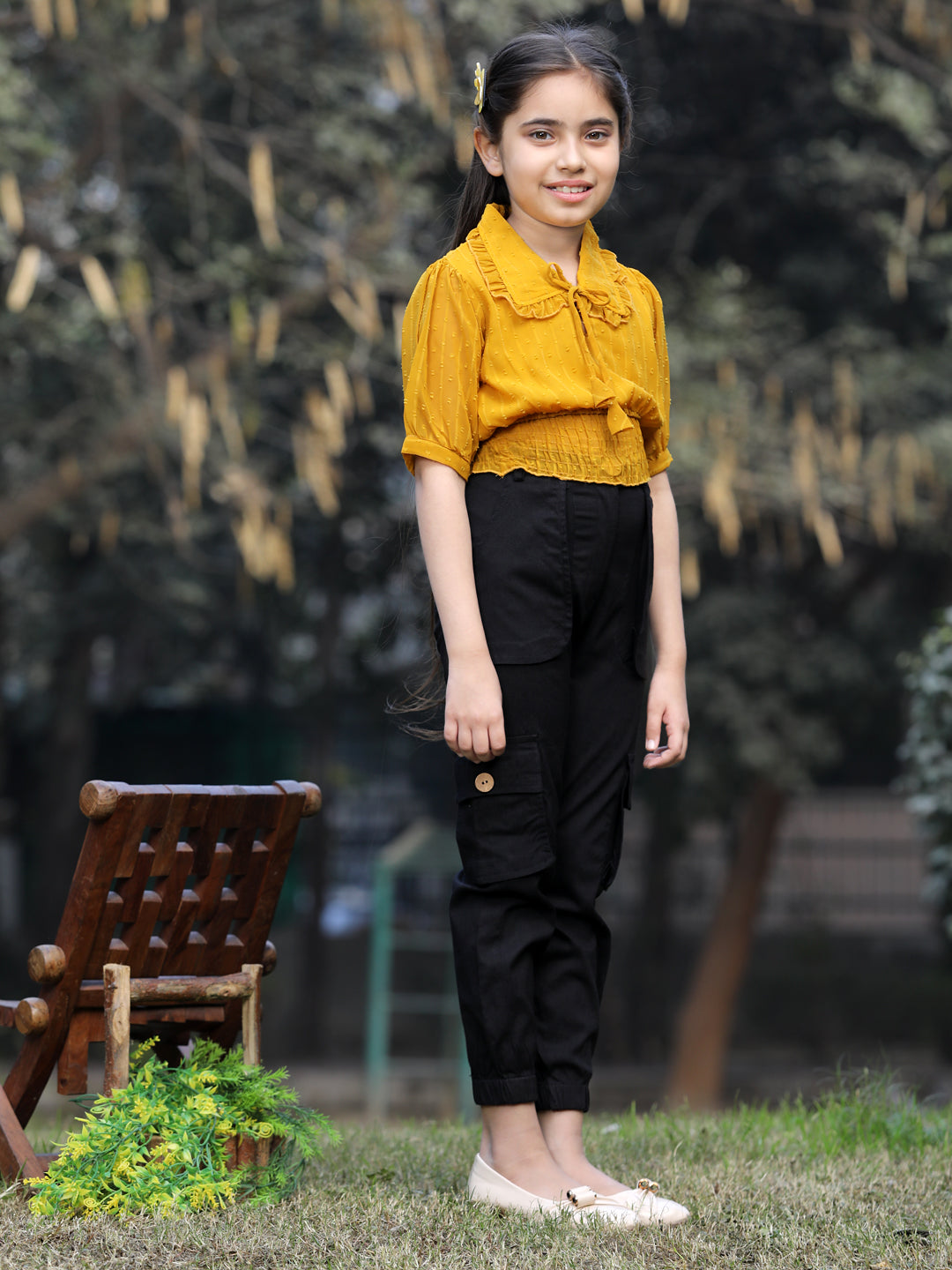 Cutiekins Girls Self Design Short Sleeves Top & Cargo Clothing Set -Mustard & Black