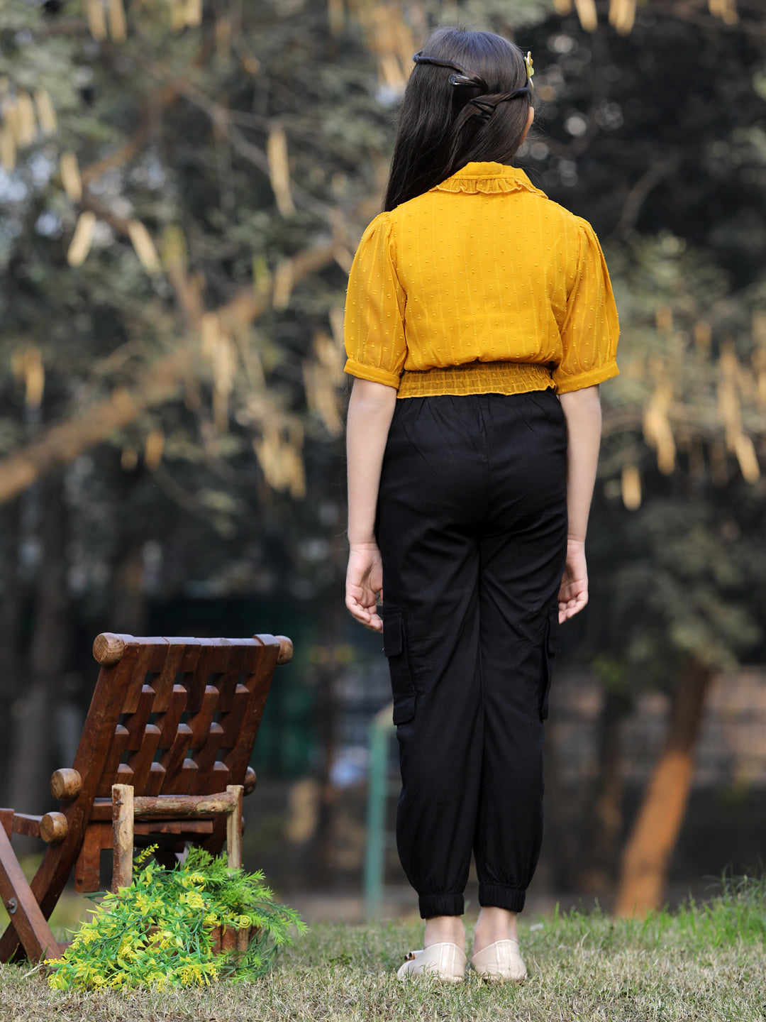 Cutiekins Girls Self Design Short Sleeves Top & Cargo Clothing Set -Mustard & Black