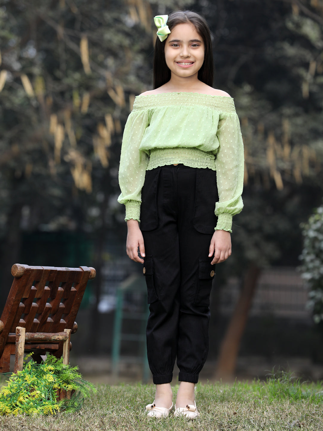 Cutiekins Solid Off Shoulder Georgette Top & Trouser Set -Light Green & Black