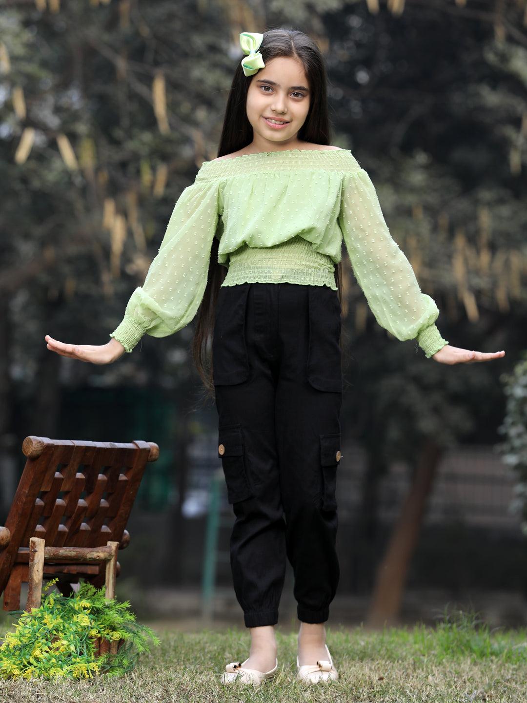 Cutiekins Solid Off Shoulder Georgette Top & Trouser Set -Light Green & Black