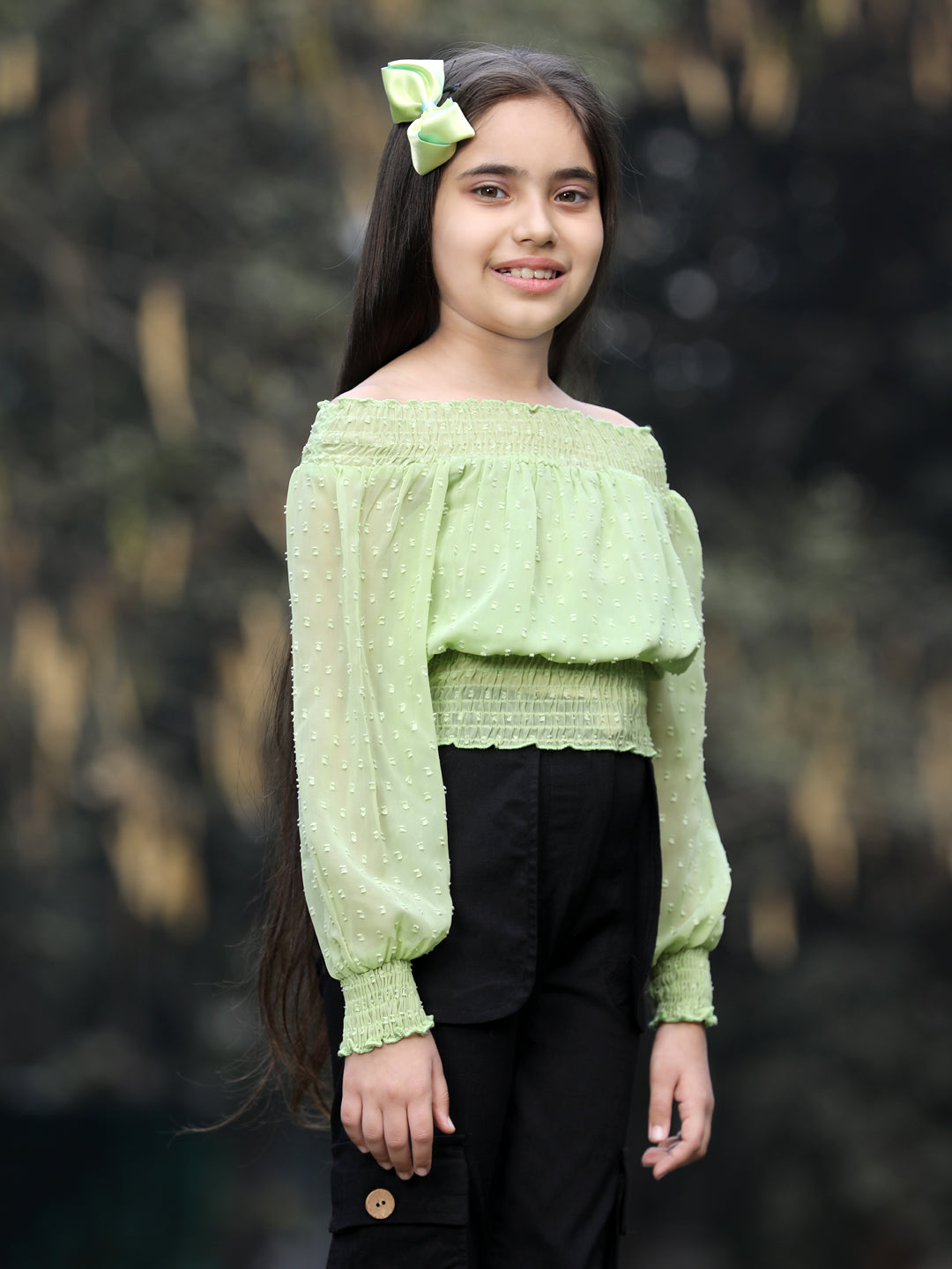 Cutiekins Solid Off Shoulder Georgette Top & Trouser Set -Light Green & Black